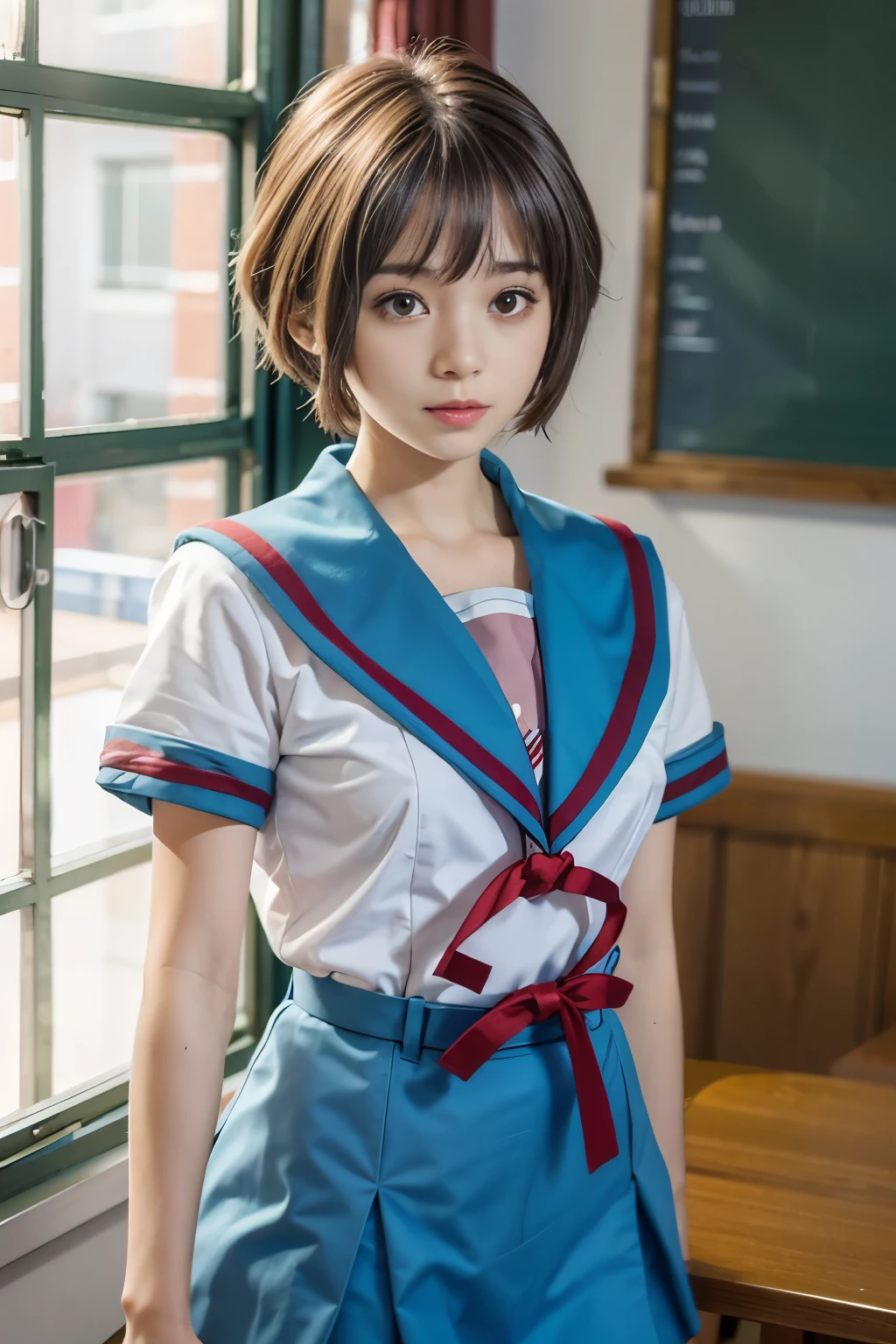 (table top, highest quality:1.2), 8k, official art, RAW photo,  (Upper body, sailor suit,:1.4), beautiful girl, idol face, pleated skirt, school uniform,  big breasts　short sleeve,  cinematic lighting, detailed face, background bokeh, 1 girl