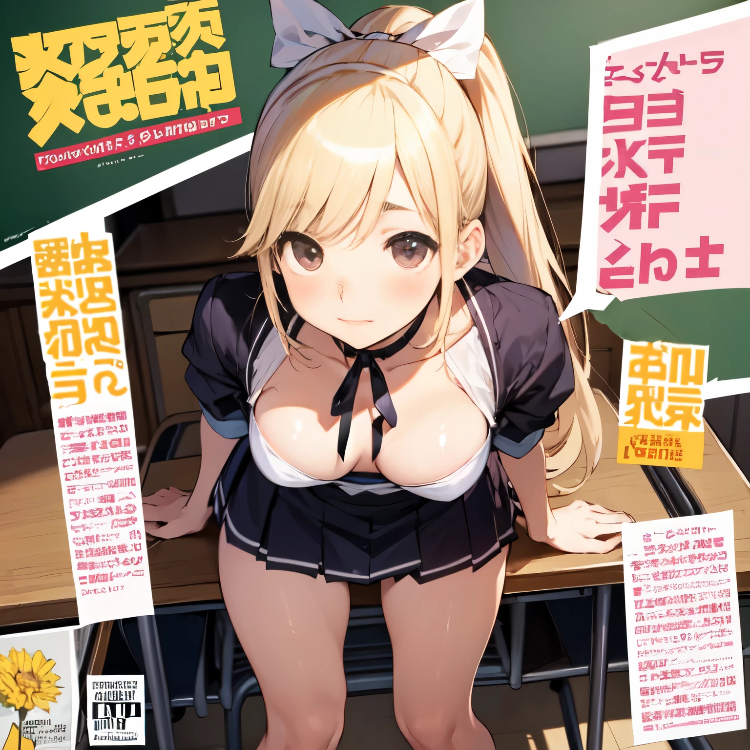 NSFW,(Masseter muscle part:1.3)、(highest quality:1.4)、超A high resolution、(eye)、(Facial feature details)、(Details of garment features)、8K resolution、solo focus、bangs、snug、(shiny skin) )、(slender girl)、lively、(highly detailed illustrations)、check comments、comment request、(School、classroom、blackboard、desk and chair)、no text、VirtualGirl-Rin、(slight smile、embarrassed look、look of confusion)、(soft breasts、round protrusion in the center of the areola、small areola)、(ponytail and ribbon)、choker、1 mother、cute、high school girl、(Girls student uniform) 、20 denier stockings cover from knee to toe,Straight neck with back and hips、A person appears on the screen、correct amount of limbs、Emphasize the crotch,Lewd,tits,blonde
