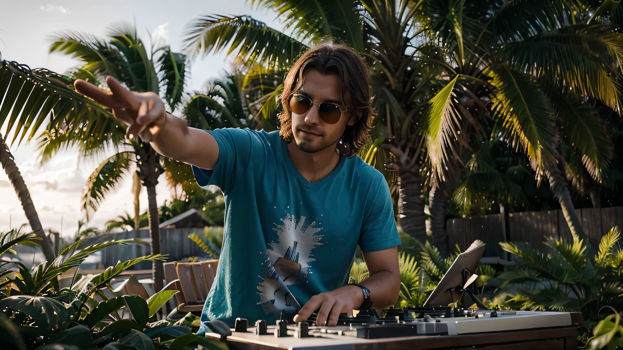 Visualize a vibrant and energetic stage where a passionate DJ takes center stage, capturant l'essence d'un moment magique de musique en plein air. Ce DJ, Cool et confiant, wears stylish sunglasses that reflect the last rays of the sun, ajoutant une touche de mystère à son allure. He is intensely focused on his mixing desk, his skilled hands adjusting the tracks with precision, dans une parfaite harmonie avec le rythme.

L'environnement autour de lui évoque une ambiance de détente et de fête, caractérisée par la présence de quelques palmiers élancés en background, qui se découpent contre un ciel aux couleurs douces de fin de journée. Ces teintes, mix of roses, d&#39;orange et de violette, creating a warm and inviting atmosphere, reflétant la beauté d'un coucher de soleil sur un lieu exotique.

The light is soft but present enough to highlight the DJ&#39;the face and details of his equipment, create subtle contrasts and play on&#39;shadows that add depth to the scene. Les palmiers et la lumière du coucher de soleil ensemble suggèrent une ambiance festive mais détendue, un espace où la musique et la nature se rencontrent pour créer une expérience inoubliable.

Le cadre de l'image est soigneusement composé pour focaliser l'attention sur le DJ, with a depth of field that slightly blurs the&#39;background, while letting the shapes and colors of the palm trees and sky visually enrich the scene. This composition creates a feeling of&#39;immersion, invitant le spectateur à ressentir l'énergie de la musique et la sérénité de l'environnement naturel.

This image is designed to capture a unique moment where passion, music and natural beauty merge, offering a window into a world where every element contributes to a memorable experience. Les couleurs douces et l'ambiance de fin de journée ajoutent une touche de nostalgie et de rêverie, making this scene a moment captured h