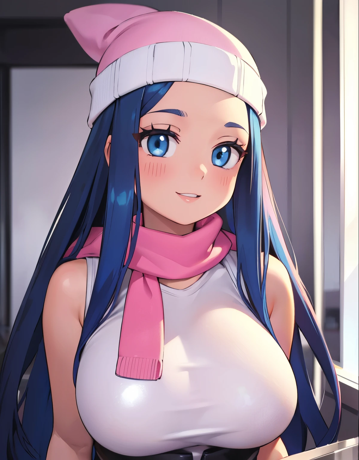 (best quality,4k,8k,highres,masterpiece:1.2),ultra-detailed,(realistic,photorealistic,photo-realistic:1.37)highres,portrait,beautiful girl,taking a selfie in a public bathroom mirror,glossy reflection,\(pokemon\), beanie, long hair, blue hair, blue eyes, detailed eyes, beautiful eyes, black sleeveless shirt, pink scarf, pink skirt, pink boots, body shape, chubby thighs, down blouse,[metallic mirror],vibrant colors,soft lighting,hint of mystery,subtle smile,stylish outfit,impressive attention to facial details,expressive eyes,luscious lips,long eyelashes,shiny hair flowing down,urban backdrop,modern ambiance