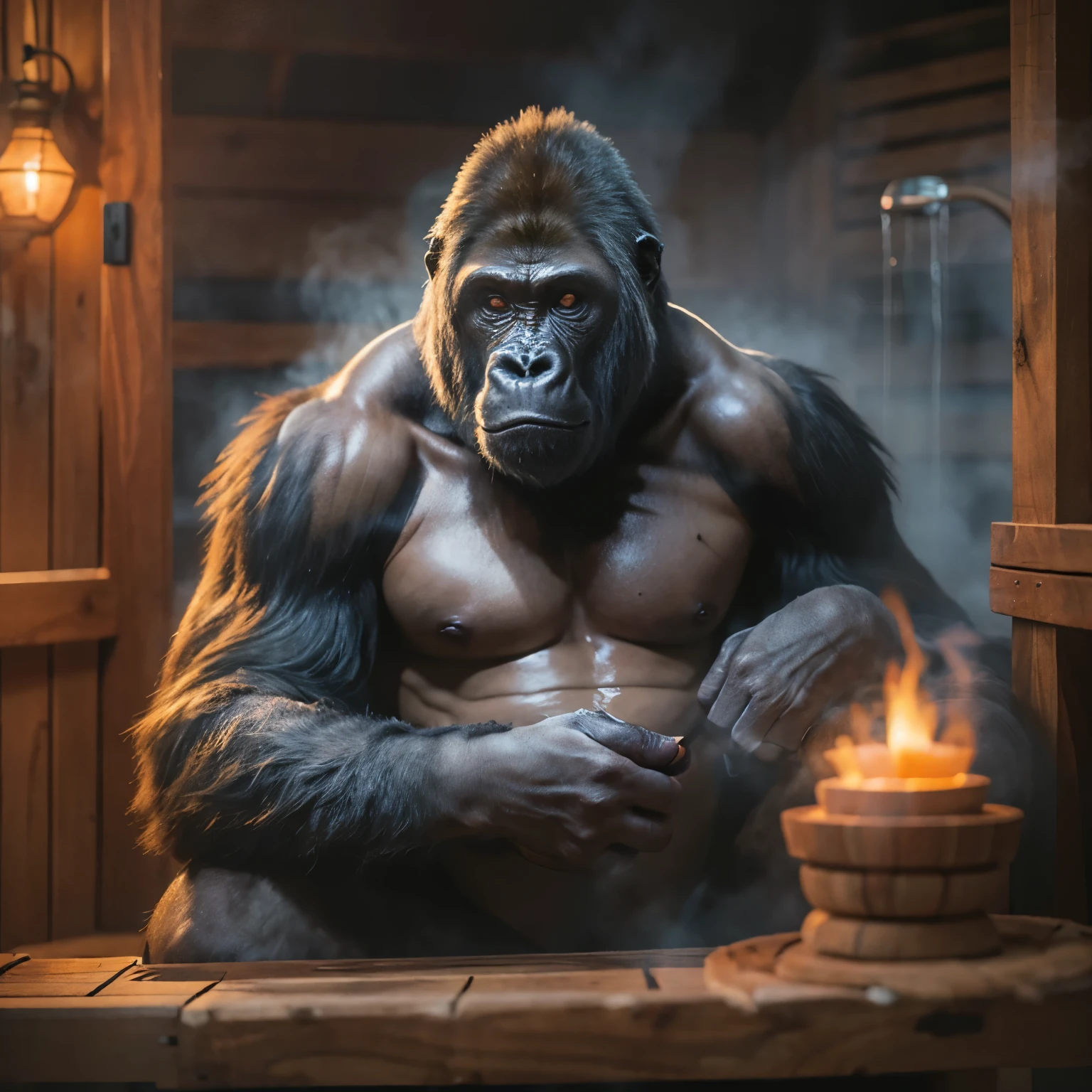 A gorilla with large breasts in a sauna, covered in sweat (best quality, highres, ultra-detailed), realistic, vivid colors, dim lighting, traditional oil painting, steamy atmosphere, muscular physique, intense heat, relaxing environment, wooden sauna benches, steam rising from the stones, serene expression, glistening skin, misty ambiance, soothing music, steam swirling around, hazy atmosphere, tranquil setting, mist-covered window, calming aromatherapy, leisurely relaxation, glass doors, peaceful mood, plush towels, glowing embers, serene atmosphere, gentle heat, intimate space, soft light, foggy air, cozy environment.