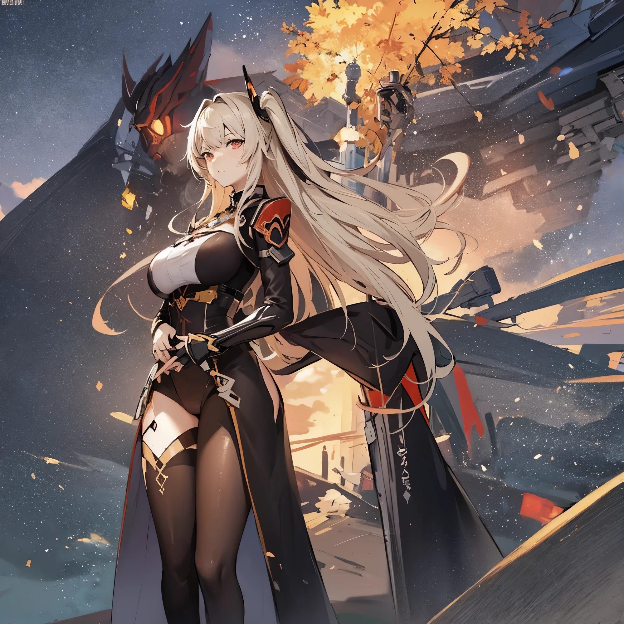 anime girl with a sword and a large mecha in the background, ayaka genshin impact, from arknights, characters from azur lane, azur lane style, from the azur lane videogame, cushart krenz key art feminine, ayaka game genshin impact, mechanized valkyrie girl, keqing from genshin impact, guilty gear strive splash art