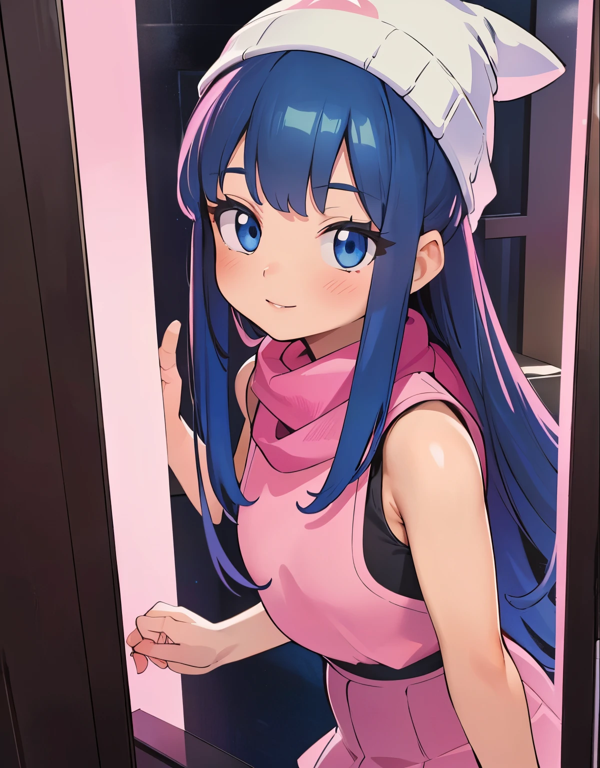 (best quality,4k,8k,highres,masterpiece:1.2),ultra-detailed,(realistic,photorealistic,photo-realistic:1.37)highres,portrait,beautiful girl,taking a selfie in a public bathroom mirror,glossy reflection,\(pokemon\), beanie, long hair, blue hair, blue eyes, detailed eyes, beautiful eyes, black sleeveless shirt, pink scarf, pink skirt, pink boots, body shape, chubby thighetallic mirror],vibrant colors,dramatic lighting,hint of mystery,subtle smile,stylish outfit,impressive attention to facial details,expressive eyes,luscious lips,long eyelashes,shiny hair flowing down,urban backdrop,modern ambiance