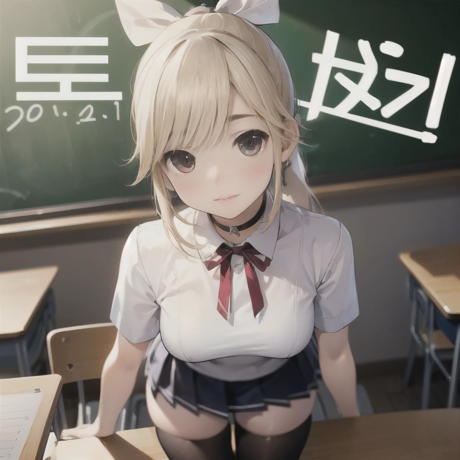 NSFW,(Masseter muscle part:1.3)、(highest quality:1.4)、超A high resolution、(eye)、(Facial feature details)、(Details of garment features)、8K resolution、solo focus、bangs、snug、(shiny skin) )、(slender girl)、lively、(highly detailed illustrations)、check comments、comment request、(School、classroom、blackboard、desk and chair)、no text、VirtualGirl-Rin、(slight smile、embarrassed look、look of confusion)、(soft breasts、round protrusion in the center of the areola、small areola)、(ponytail and ribbon)、choker、1 mother、cute、high school girl、(Girls student uniform) 、20 denier stockings cover from knee to toe,Straight neck with back and hips、A person appears on the screen、correct amount of limbs、Emphasize the crotch,Lewd,tits,blonde,tanned skin