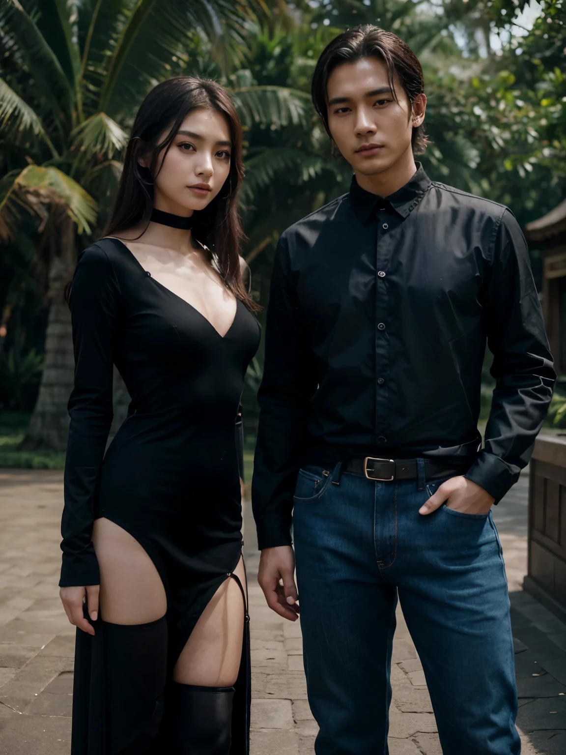 a man and a woman standing next to each other in a Fantasy World Park in indonesia, an image, inspired by Adam Dario Keel, which is trending in the cg community, beautiful young Korean woman dressed in black party dress, jeans, movie screencap, model Elisahes from aquamodels