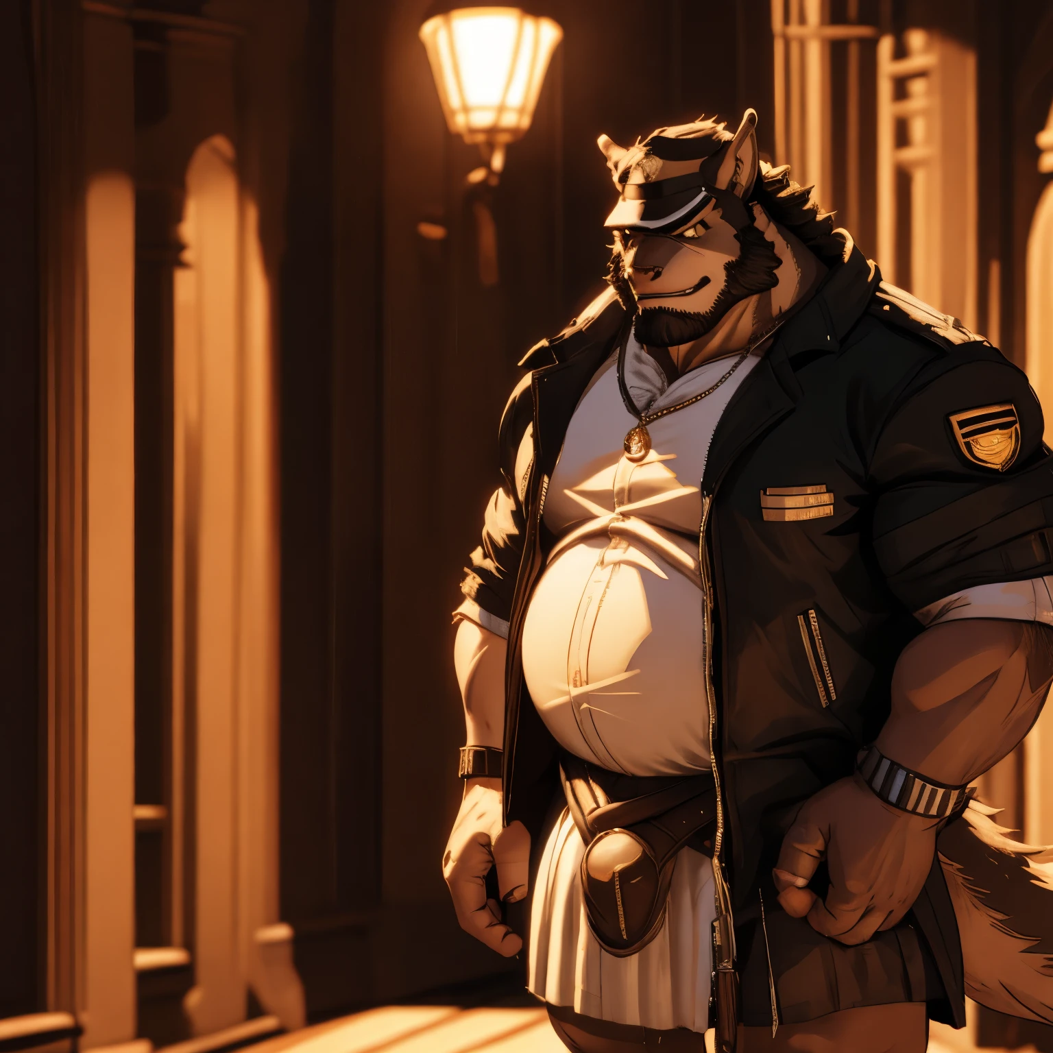 Uncle Brown Wolf is doing B-ultrasound in the hospital，The brown wolf orc has a very fat belly，The brown wolf orc&#39;s belly is as huge as a round yoga ball.，The belly of the brown wolf orc is round and furry，There are three werewolf cubs in his big belly，His fur is brown，The brown wolf orc also wears a purple peaked cap on his head，Wearing a jacket and jeans，Big belly exposed，The eyes of the brown wolf orc look at the B-ultrasound picture and smile kindly