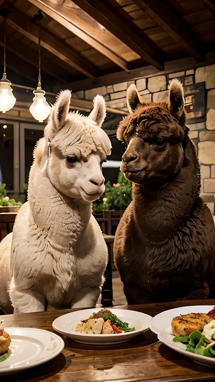 An old couple alpaca animals in khaki,Sitting at the table in casual clothes,Enjoying a delicious dinner。The table is full of plates、tableware、food、Two wine glasses and three candlelights。The meal in front of them consisted of rice、chicken、salad and bottle of red wine。Alpacas smiling at each other,Look at each other with love。Night view and beautiful little moon outside the restaurant window。Alpacas are chubby and look particularly cute,fine hair。There is a bottle of red wine on the table。