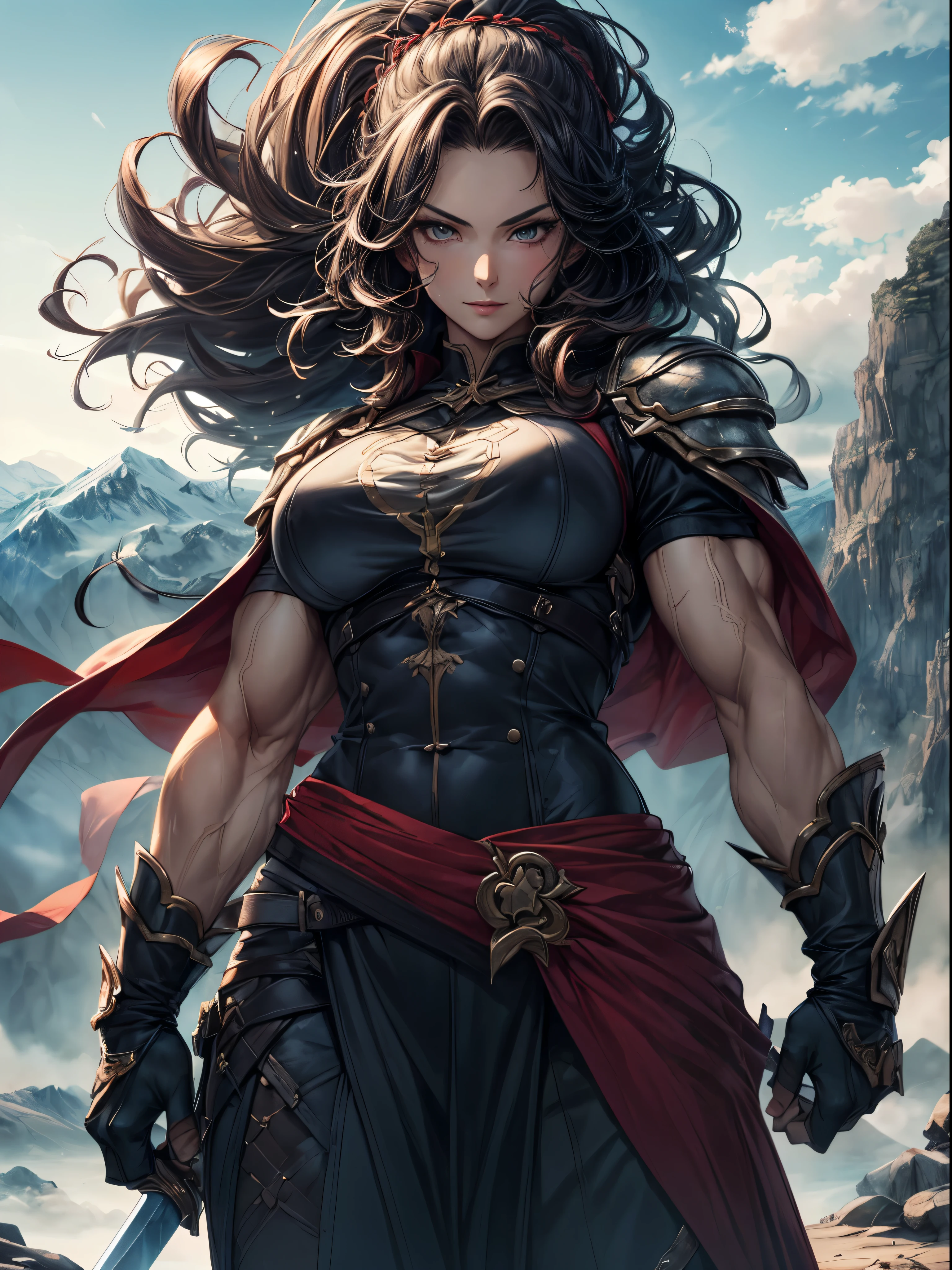 (a muscular girl,woman:swordmaster:1.1, fantasy girl,brave,strong)(oil painting,highres:1.2,sharp focus)(detailed face:1.2,detailed eyes:1.1,long eyelashes, parting lips:1.1)(intense expression:1.1,confident)(long flowing hair, flowing cape,leather armor)(mastering the sword, striking a dynamic pose)(epic landscape background:1.1,majestic mountains, rolling clouds)(soft lighting, warm tones)(vivid colors, vibrant palette)