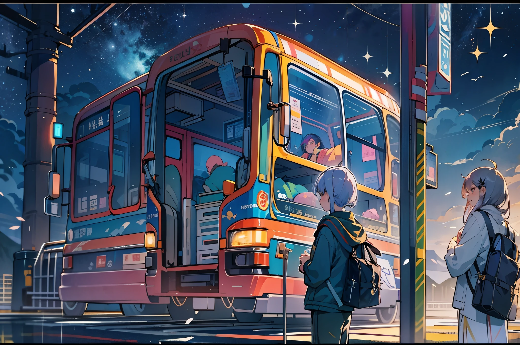 bus stop，comics， bright starry sky.，high saturation，Bright colors， Xin Haicheng&#39;s pictures, pure, concept art, Lofi Art style, reflection. author：Xin Haicheng, Lofi Art, Beautiful anime scene, anime scenery, Detailed Landscape—Width 672, Xin Haicheng&#39;s style, Xin Haicheng的風格, Enhance details.