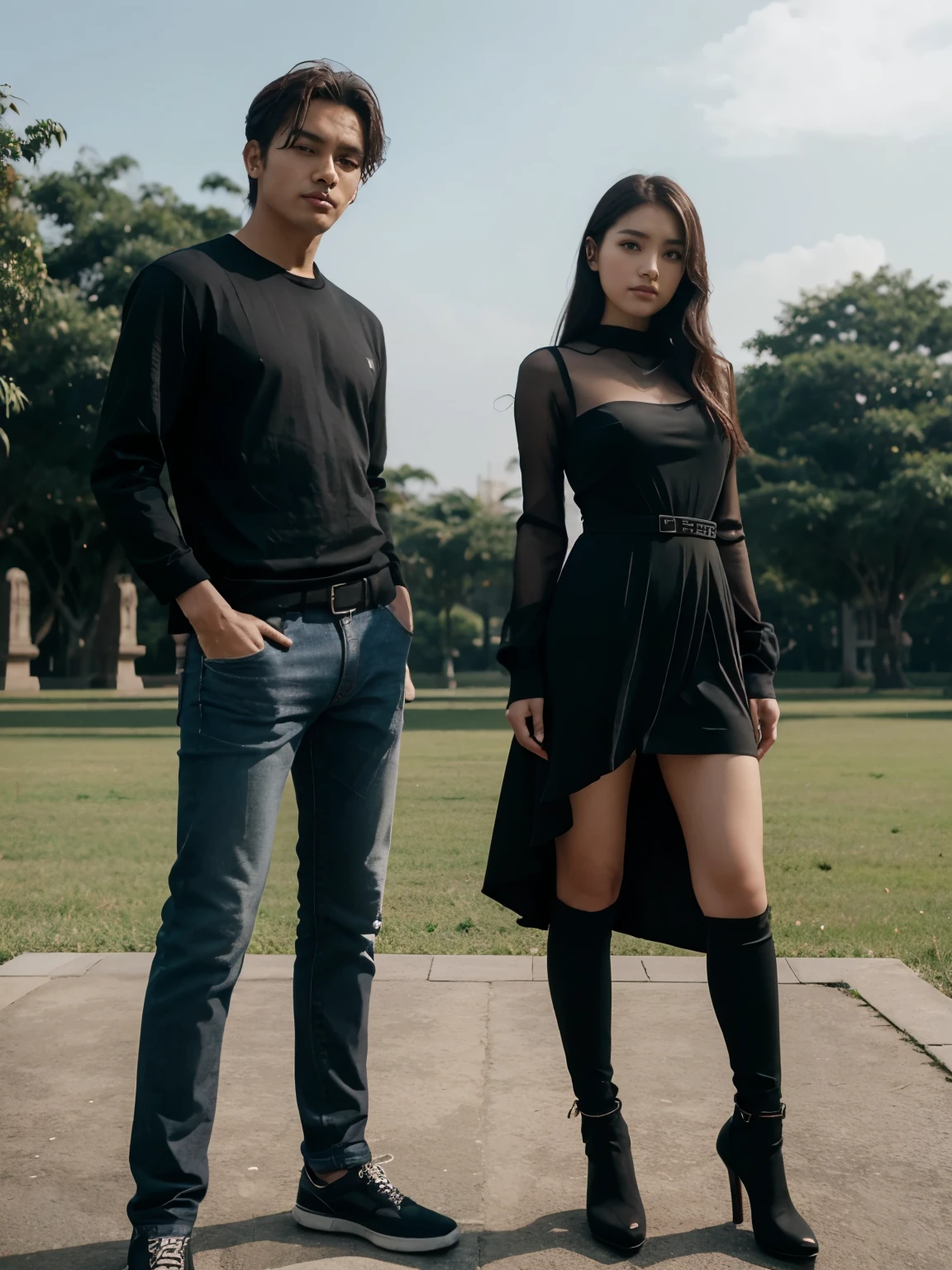 a man and a woman standing next to each other at a national monument in indonesia, an image, inspired by Adam Dario Keel, which is trending in the cg community, beautiful young Korean woman dressed in black party dress, jeans, movie screencap, model elisajes from acquamodels