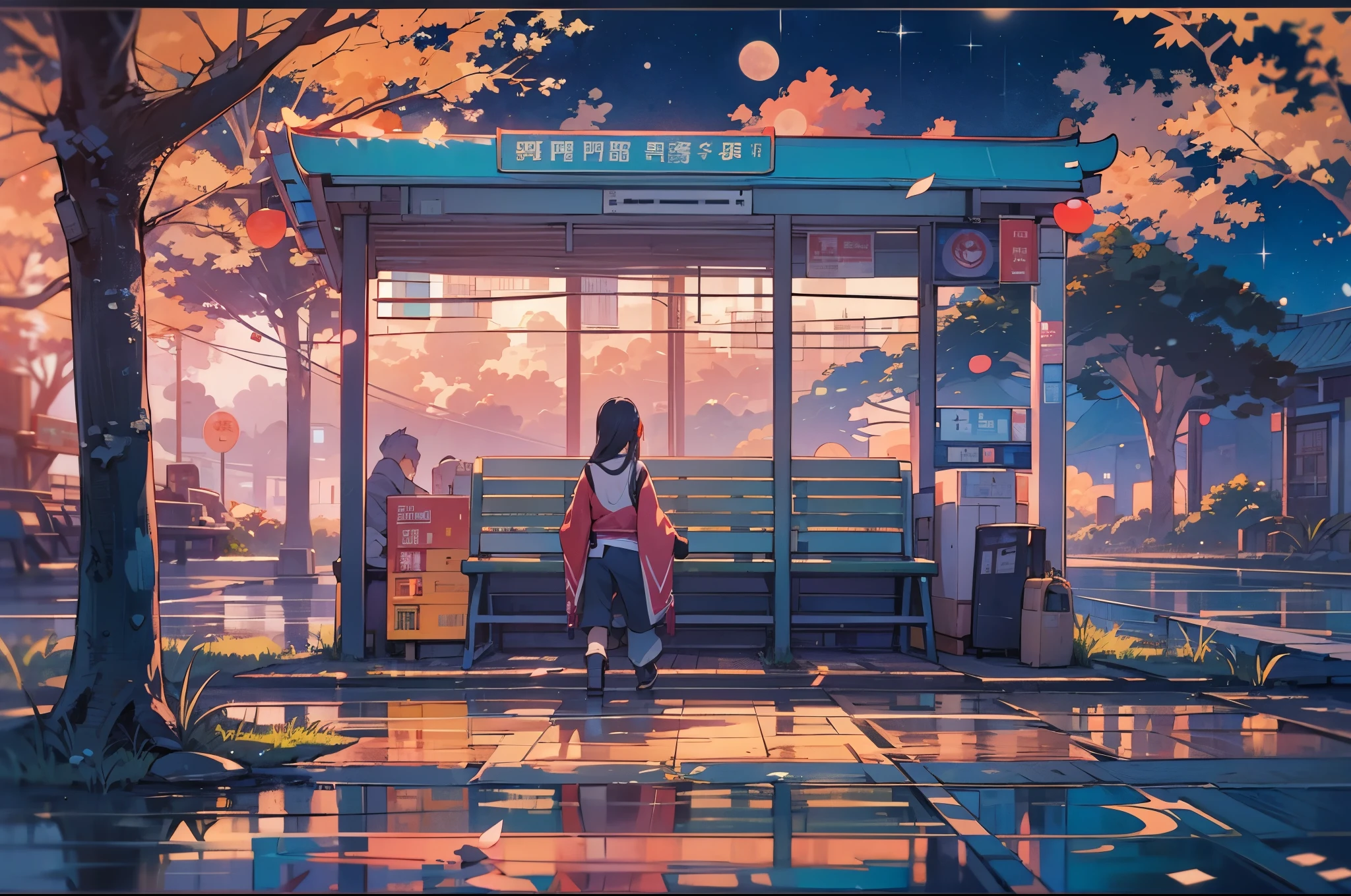 bus stop，comics， bright starry sky.，high saturation，Bright colors， Xin Haicheng&#39;s pictures, pure, concept art, Lofi Art style, reflection. author：Xin Haicheng, Lofi Art, Beautiful anime scene, anime scenery, Detailed Landscape—Width 672, Xin Haicheng&#39;s style, Xin Haicheng的風格, Enhance details.