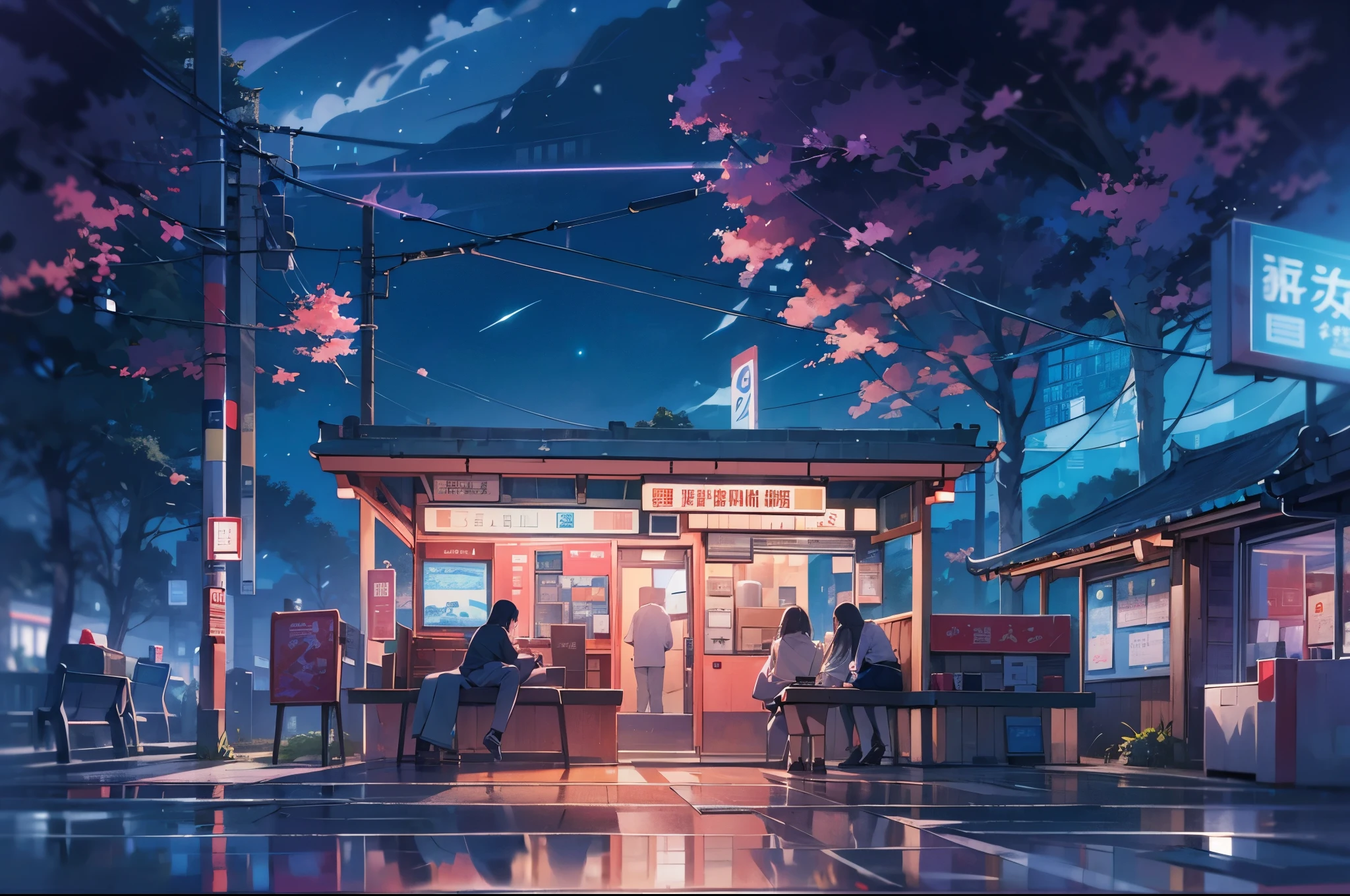 bus stop,comics, bright starry sky.,high saturation,Bright colors, Xin Haicheng's pictures, pure, concept art, Lofi Art style, reflection. author:Xin Haicheng, Lofi Art, Beautiful anime scene, anime scenery, Detailed Landscape—Width 672, Xin Haicheng's style, Xin Haicheng的風格, Enhance details.
