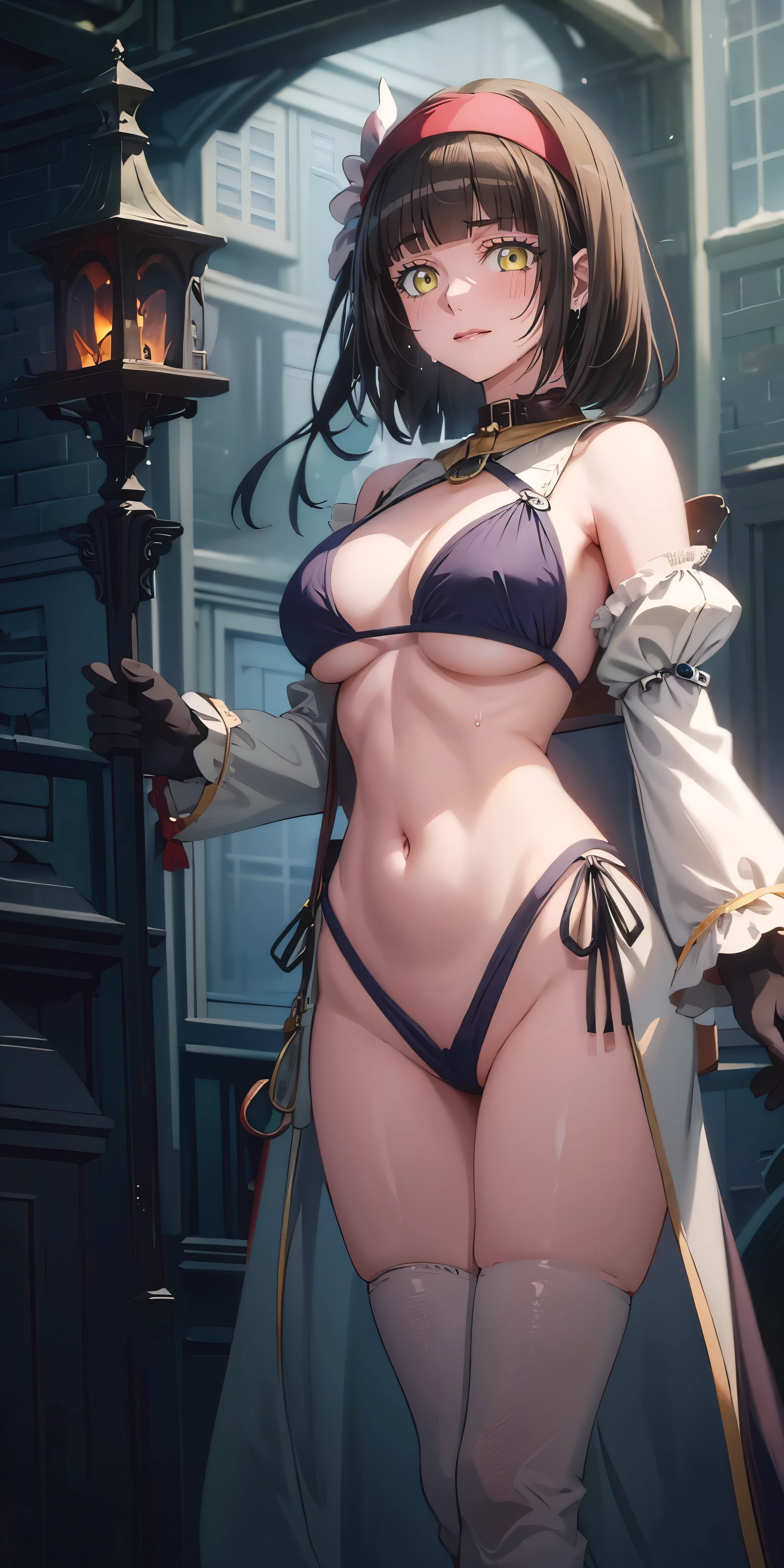 mio, hairband, black gloves, hair bow, hair ornament, hair ribbon, makeup, medium hair, black hair, anatomically correct, best quality, masterpiece, high quality, high details, highres, HD, (shaded face:1.2), hollow eyes, dark-blue eyes, looking at viewer, Masterpiece, close up, medieval setting, fantasy world, magical, forest, dark, snow, woman, innocent, cute, mage, soft expression, curious look, standing, holding staff, blue one-piece swimsuit, stomach, cleavage cutout, clothing cutout, underboob cutout, muscular female, wet, sweating
