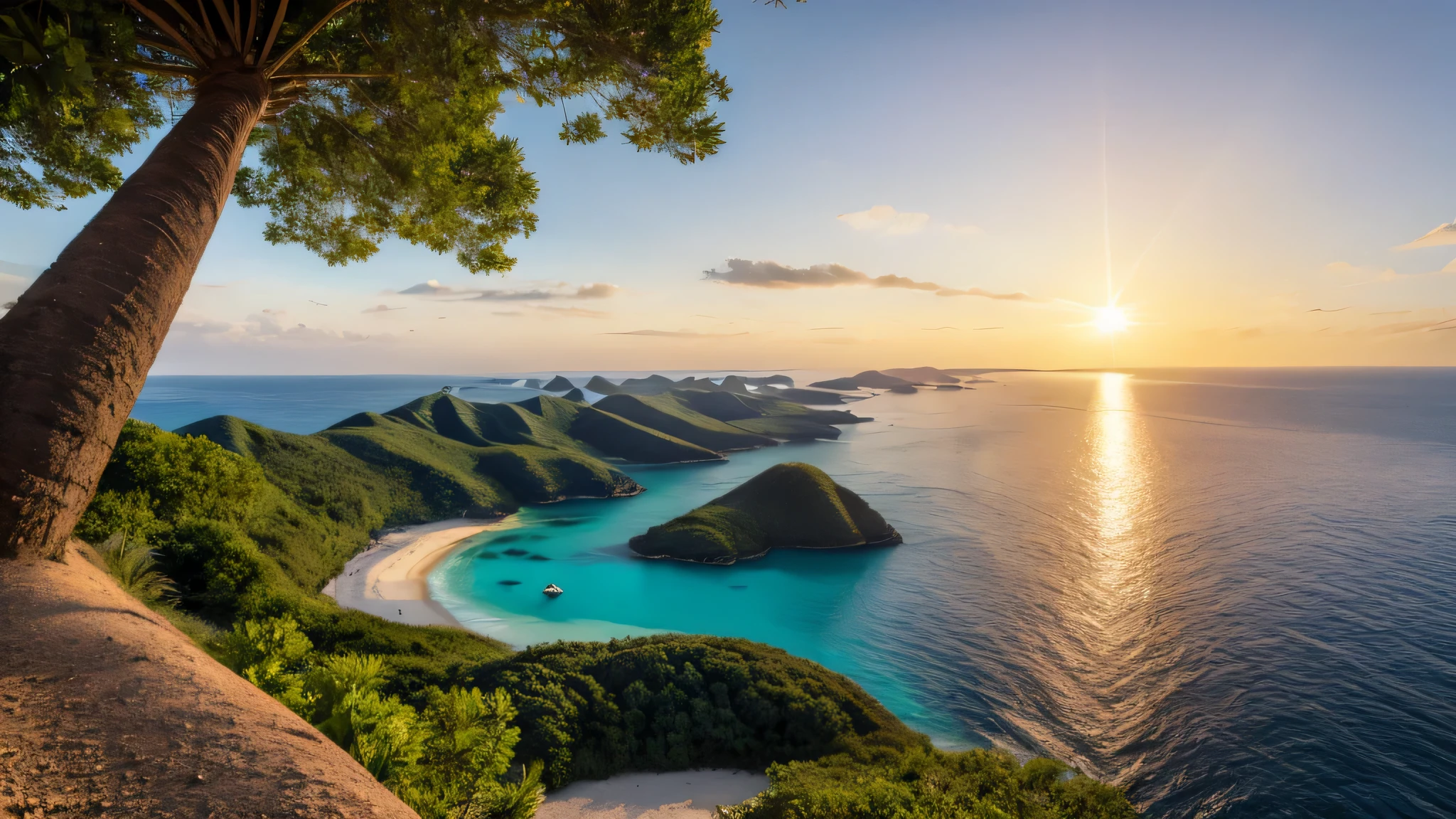 Imagine a spectacular aerial view captured by a drone, révélant des îles isolées dispersées dans un océan d'un bleu profond. Every island is a tropical Eden, avec du sable fin encerclant leurs contours comme des auréoles dorées, contrastant magnifiquement avec l'azur de l'eau environnante. These islands are crowned with dense palm trees, whose green leaves add a richness of color and lively texture to the scene, evoking an oasis of tranquility and'isolement parfait.
Il est environ 17 heures, et le soleil, approchant de l'horizon, baigne le paysage d'une lumière dorée et douce. This end light'afternoon accentuates the serene beauty of the islands, with the elongated shadows of the palm trees adding depth and dynamism to the view. Le contraste entre les zones ensoleillées et les ombres crée une dimension supplémentaire, showcasing the unique topography of each island.
L'atmosphère est claire, permettant une visibilité parfaite des détails à couper le souffle des îles, depuis les ondulations du sable jusqu'aux vagues délicates frangeant les rivages. La vue d'ensemble offre une perspective unique sur la disposition naturelle et la beauté isolée de ces îles, invitant à la contemplation et à l'évasion.
This image is designed to capture the'essence de la découverte et de l'wonder, representing the majesty and tranquility of the island landscapes seen from'en haut. Les éléments naturels - l'eau, le sable, les palmiers, et la lumière du soleil de fin d'aprèidi - s'unissent harmonieusement pour créer une scène à la fois paisible et inspirante, symbolisant la beauté intacte et sauvage de la nature.
