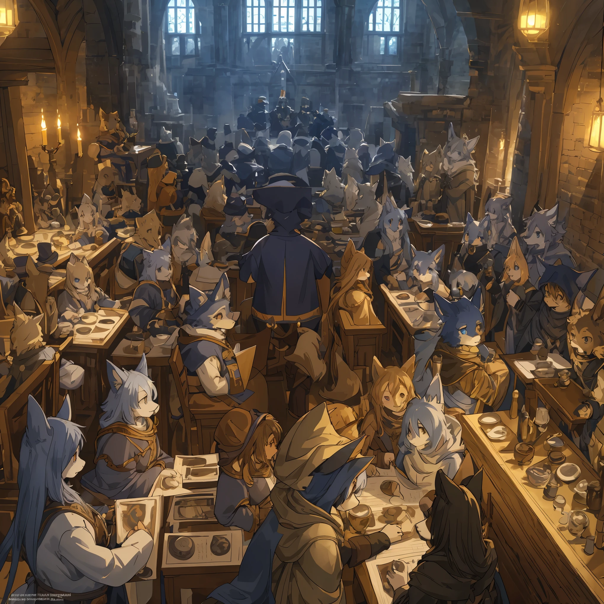 dynamic angle, top quality, best quality, High-quality illustrations, masterpiece, super high resolution, detailed background, detailed background, alchemist, medieval Europe, chandelle, group shot:0.1, 6+boys, 6+girls, absurdres(highly detailed beautiful face and eyes)perfect anatomy, expression, good lighting, cinematic shadow(kemono, furry anthro),