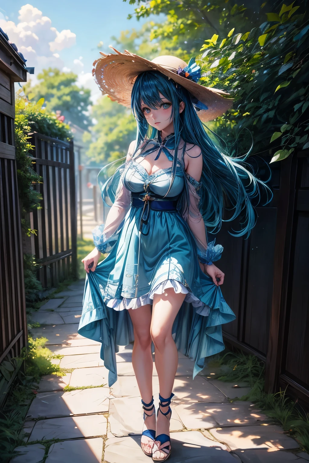 A little anime fairy in the forest full body with big breasts, straight blue hair, scantily clad, dressed in a short flower dress