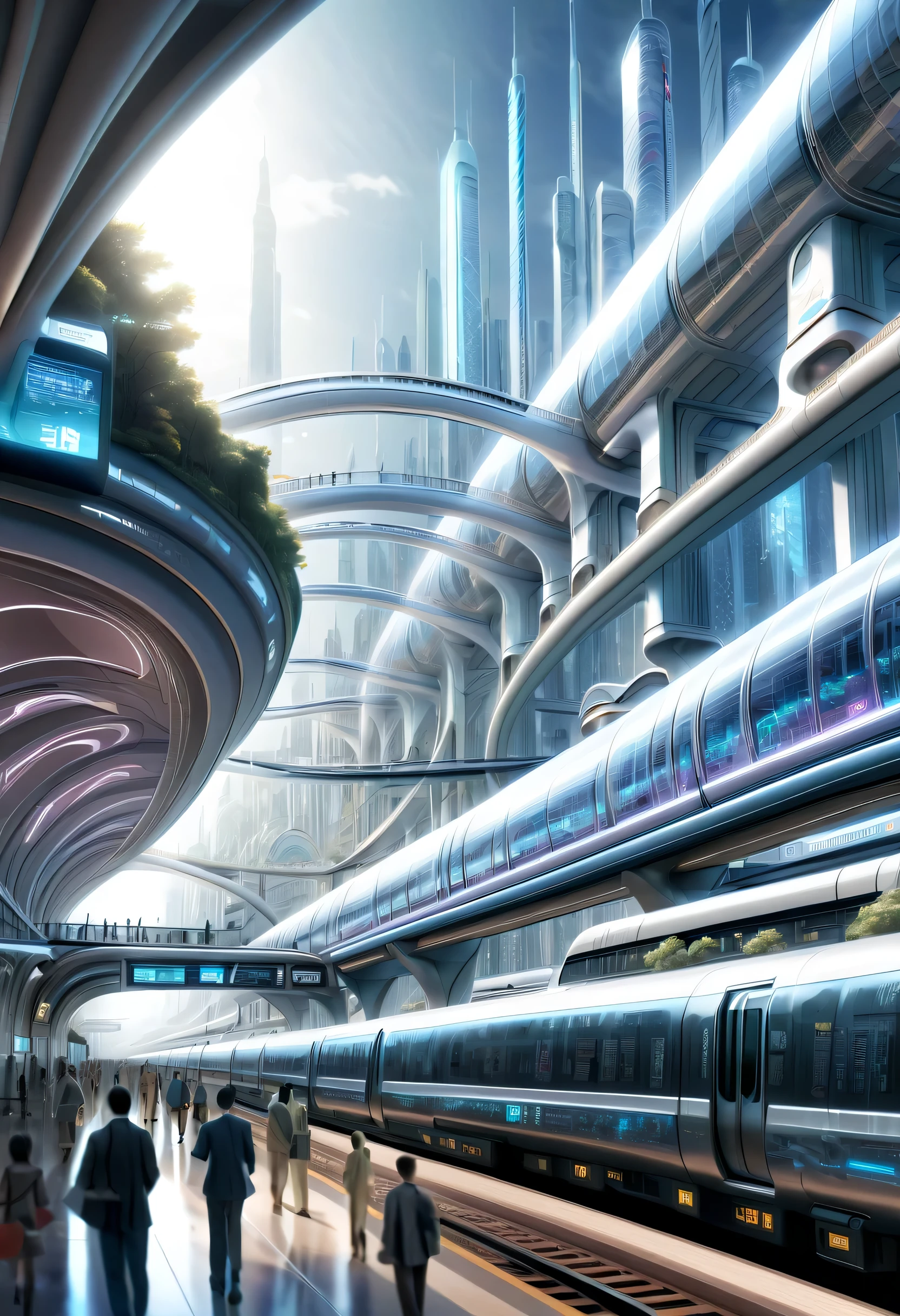 futureの首都に駅を描く,Transparent Tube:multiple:A train is running inside,future都市,terminal station,multipleの鉄道が接続する駅,future,be familiar with