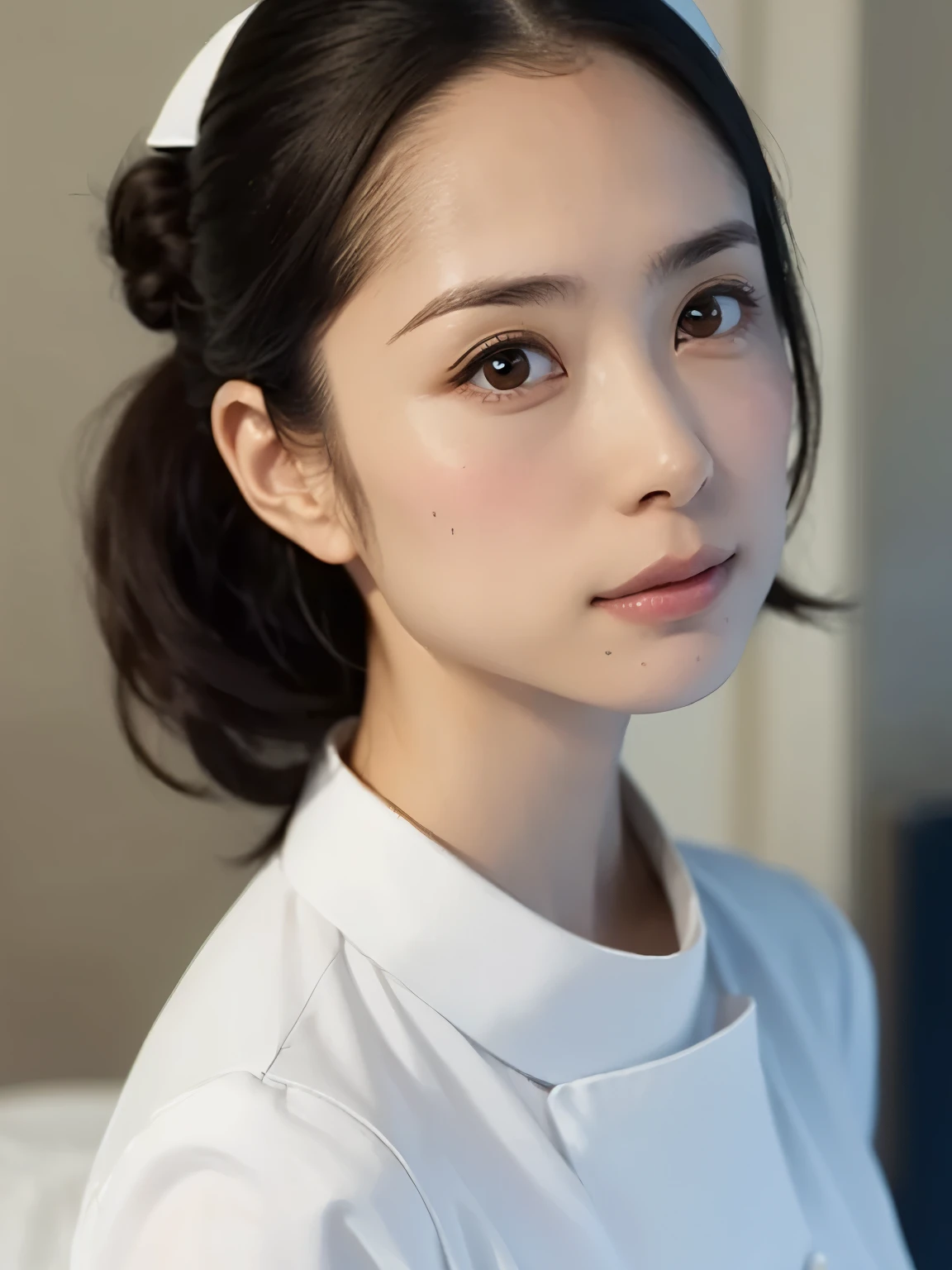 1 girl,(Wearing white nurse clothes:1.2),(RAW photo, highest quality), (realistic, photo-realistic:1.4), masterpiece, very delicate and beautiful, very detailed, 2k wallpaper, wonderful, finely, very detailed CG unity 8k wallpaper, Super detailed, High resolution, soft light, beautiful detailed girl, very detailed eyes and face, beautifully detailed nose, finely beautiful eyes, nurse, perfect anatomy, black hair, up style, nurse uniform, ((nurse cap)), long skirt, nurse, white costume, thin, hospital, clear, white uniform, hospital room, auscultation on the neck,face close up