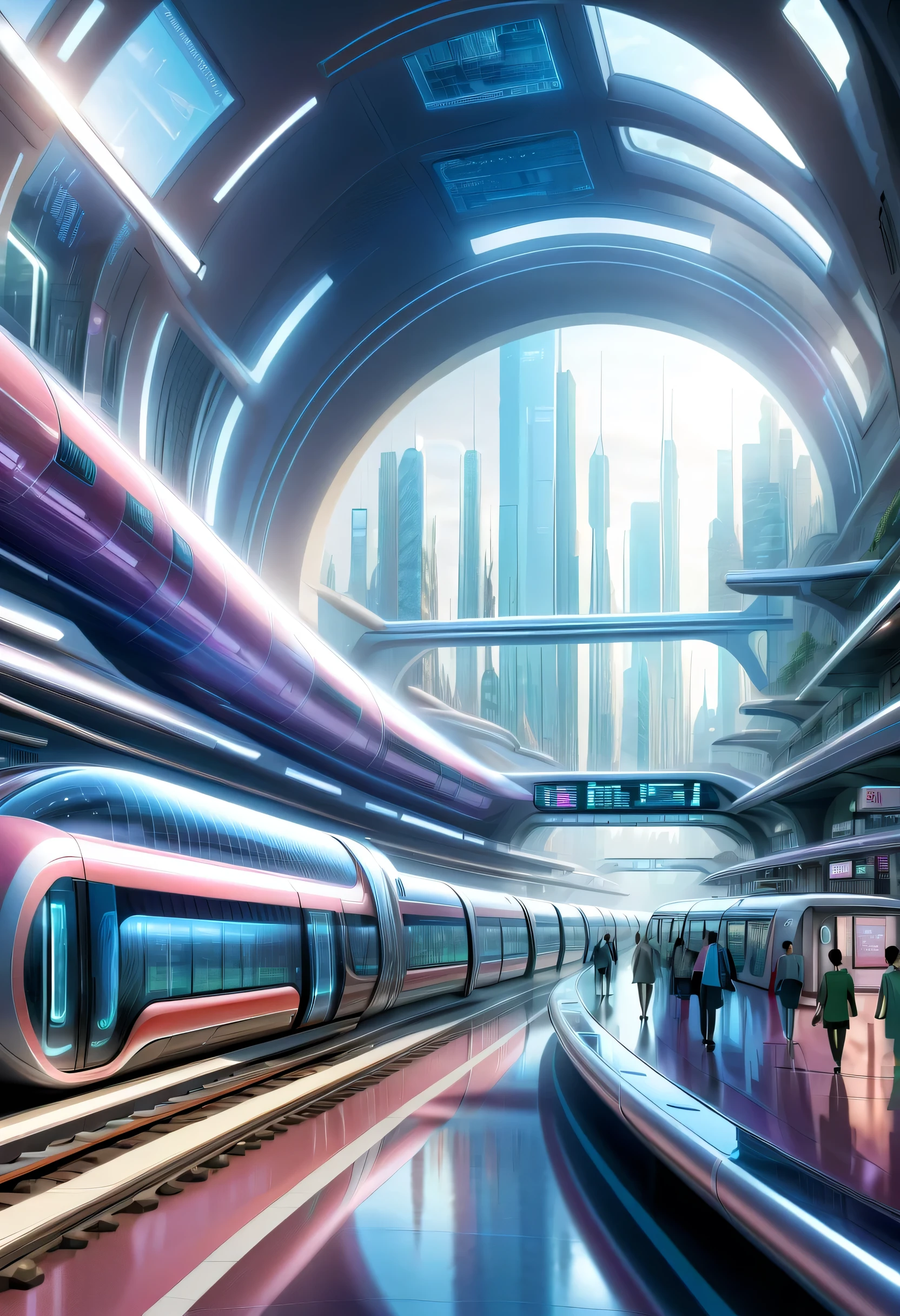 futureの首都に駅を描く,Transparent Tube:multiple:A train is running inside,future都市,terminal station,multipleの鉄道が接続する駅,future,be familiar with