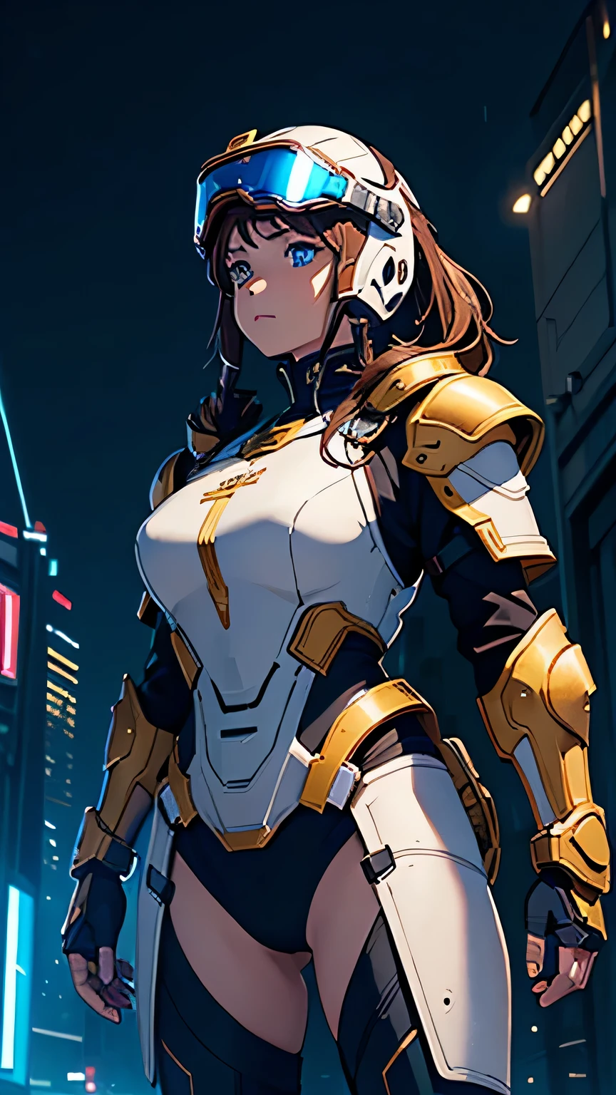 masterpiece,  最high quality, , (alone), 1 girl, look up, dim light, , horizon_(apex legend), goggles, blue eyes, brown hair, gauntlet, shoulder armor, ((Helmet)), (science_fiction), outdoors, street, neon light, cyber punk, masterpiece, 最high quality, high quality, High resolution,