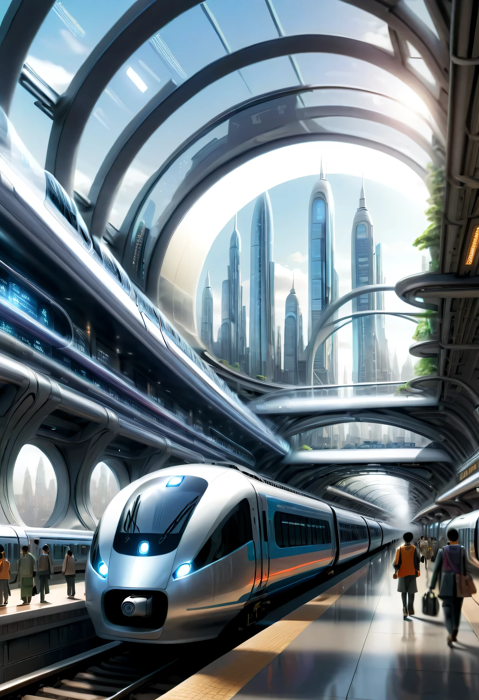 futureの首都に駅を描く,Transparent Tube:multiple:A train is running inside,future都市,terminal station,multipleの鉄道が接続する駅,future,be familiar with