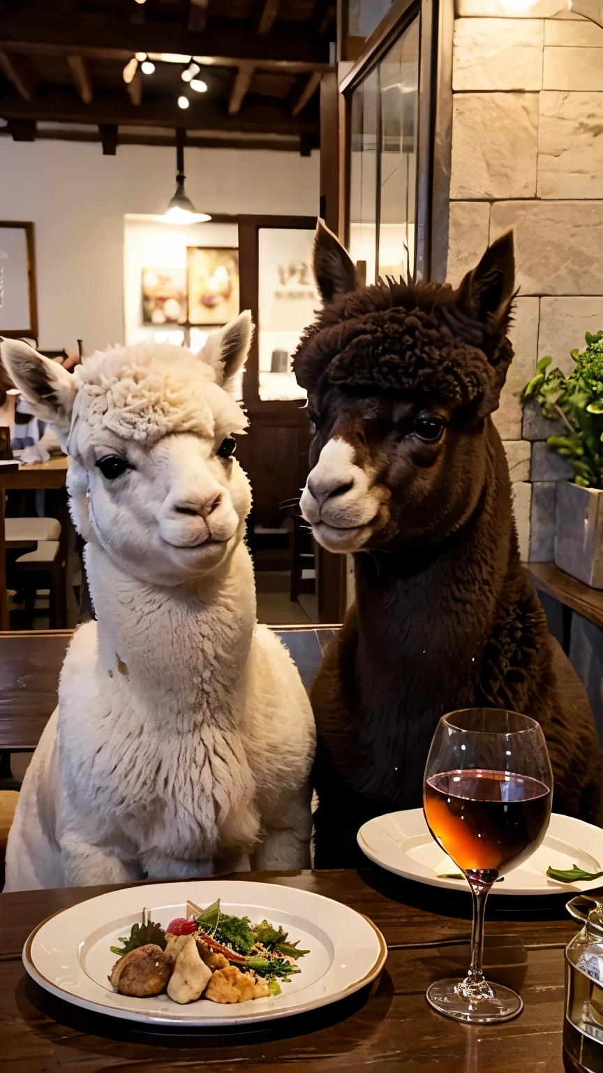 An old couple alpaca animals in khaki,Sitting at the table in casual clothes,Enjoying a delicious dinner。The table is full of plates、tableware、food、Two wine glasses and three candlelights。The meal in front of them consisted of rice、chicken、salad and bottle of red wine。Alpacas smiling at each other,Look at each other with love。Night view and beautiful little moon outside the restaurant window。Alpacas are chubby and look particularly cute,fine hair。There is a bottle of red wine on the table。