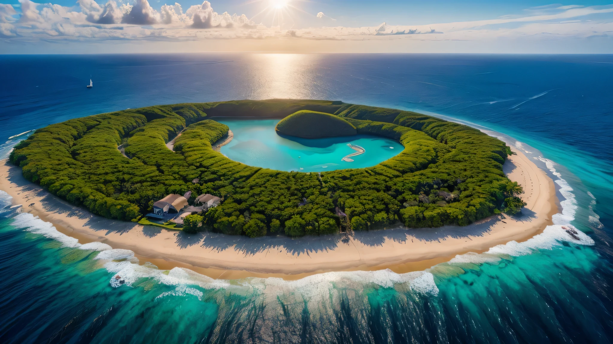 Imagine a spectacular aerial view captured by a drone, révélant des îles isolées dispersées dans un océan d&#39;un bleu profond. Every island is a tropical Eden, avec du sable fin encerclant leurs contours comme des auréoles dorées, contrastant magnifiquement avec l'azur de l'eau environnante. These islands are crowned with dense palm trees, whose green leaves add a richness of color and lively texture to the scene, evoking an oasis of tranquility and&#39;isolement parfait.

Il est environ 17 heures, et le soleil, approchant de l'horizon, baigne le paysage d'une lumière dorée et douce. This end light&#39;afternoon accentuates the serene beauty of the islands, with the elongated shadows of the palm trees adding depth and dynamism to the view. Le contraste entre les zones ensoleillées et les ombres crée une dimension supplémentaire, showcasing the unique topography of each island.

L'atmosphère est claire, permettant une visibilité parfaite des détails à couper le souffle des îles, depuis les ondulations du sable jusqu'aux vagues délicates frangeant les rivages. La vue d'ensemble offre une perspective unique sur la disposition naturelle et la beauté isolée de ces îles, invitant à la contemplation et à l'évasion.

This image is designed to capture the&#39;essence de la découverte et de l&#39;wonder, representing the majesty and tranquility of the island landscapes seen from&#39;en haut. Les éléments naturels - l'eau, le sable, les palmiers, et la lumière du soleil de fin d'aprèidi - s'unissent harmonieusement pour créer une scène à la fois paisible et inspirante, symbolisant la beauté intacte et sauvage de la nature.