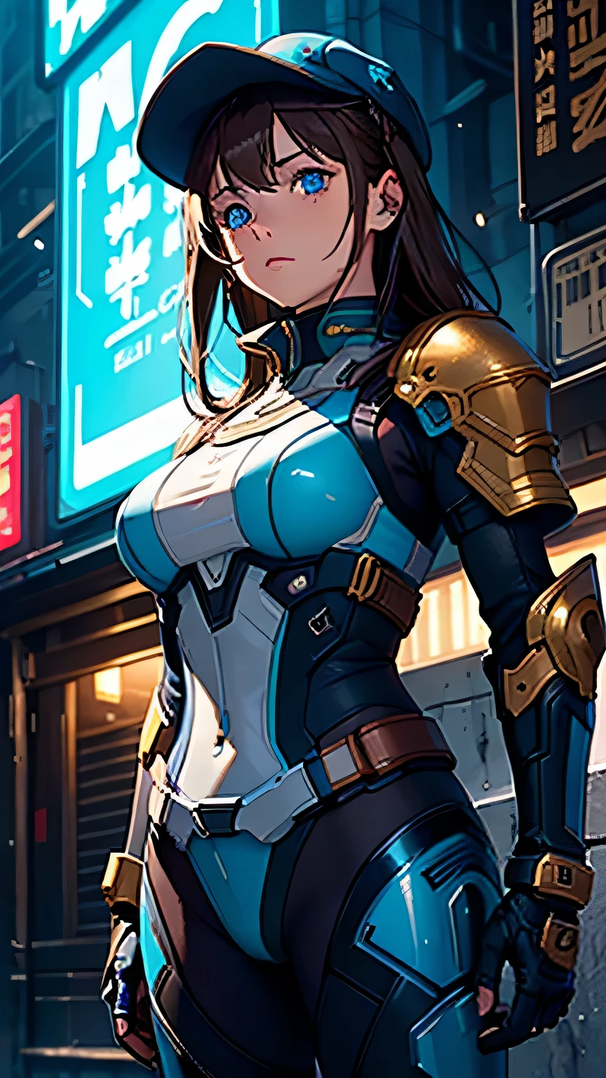 masterpiece, 最high quality, , (alone), 1 girl, look up, dim light, , horizon_(apex legend), goggles, blue eyes, brown hair, gauntlet, shoulder armor, have, (science_fiction), outdoors, street, neon light, cyber punk, masterpiece, 最high quality, high quality, High resolution,