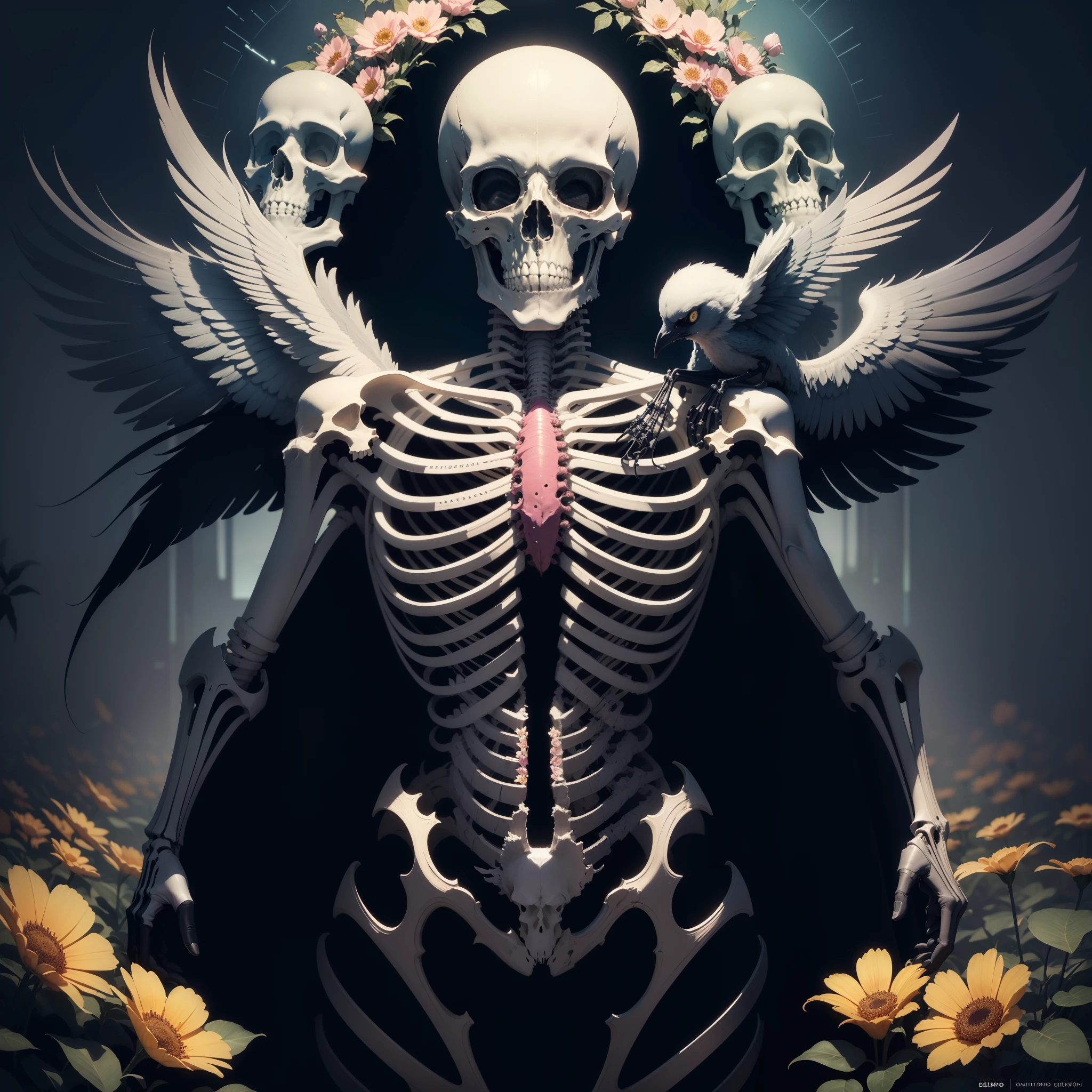 a drawing of a skeleton surrounded by flowers and birds, ouchh and and innate studio, trending on pinterest,maximalist, inspired by Willem Jacobsz Delff, anatomical cutaway, cd cover artwork, imagining a blissful fate, poster of a techno night, prana