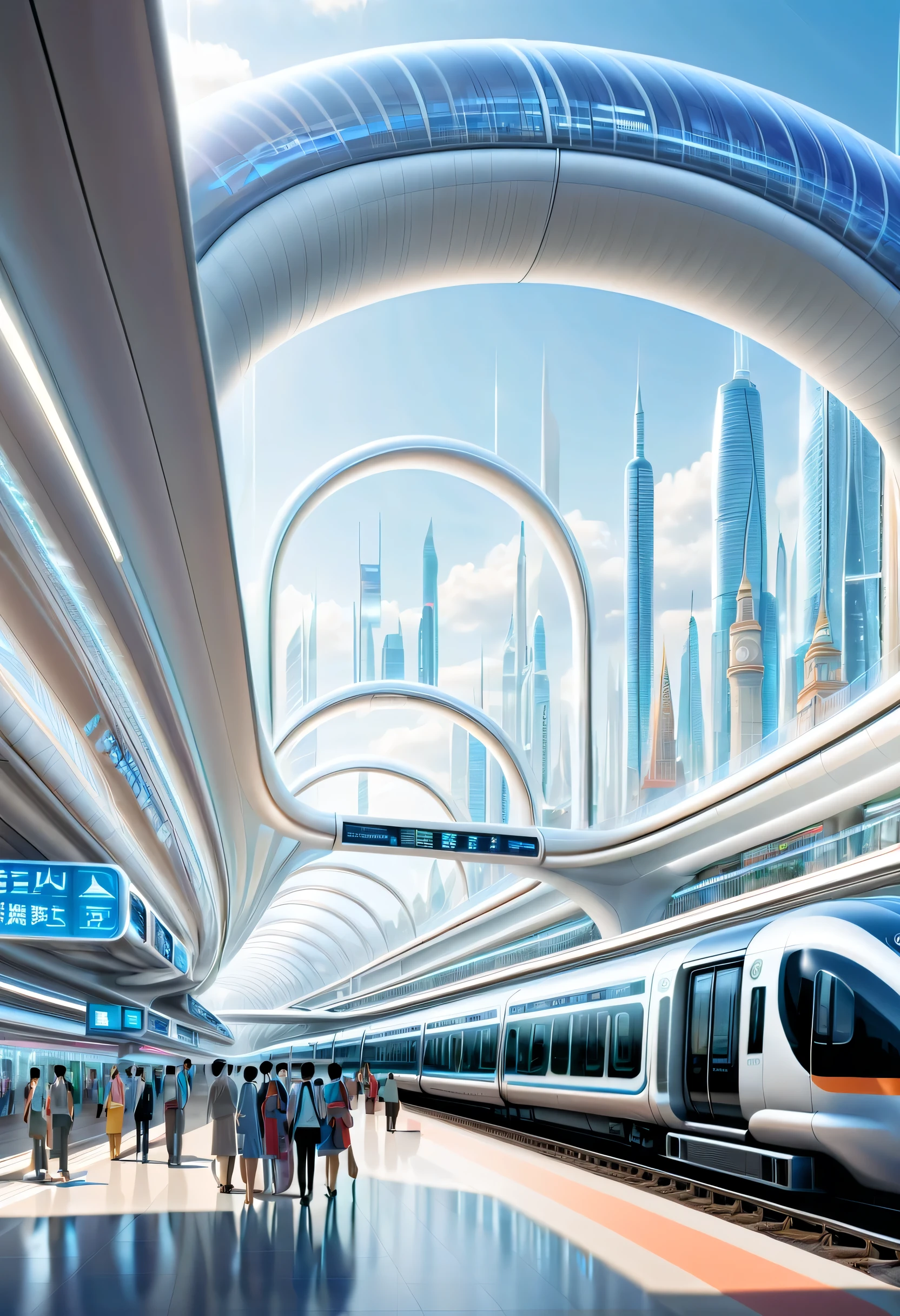 futureの首都に駅を描く,Transparent Tube:multiple:A train is running inside,future都市,terminal station,multipleの鉄道が接続する駅,future,