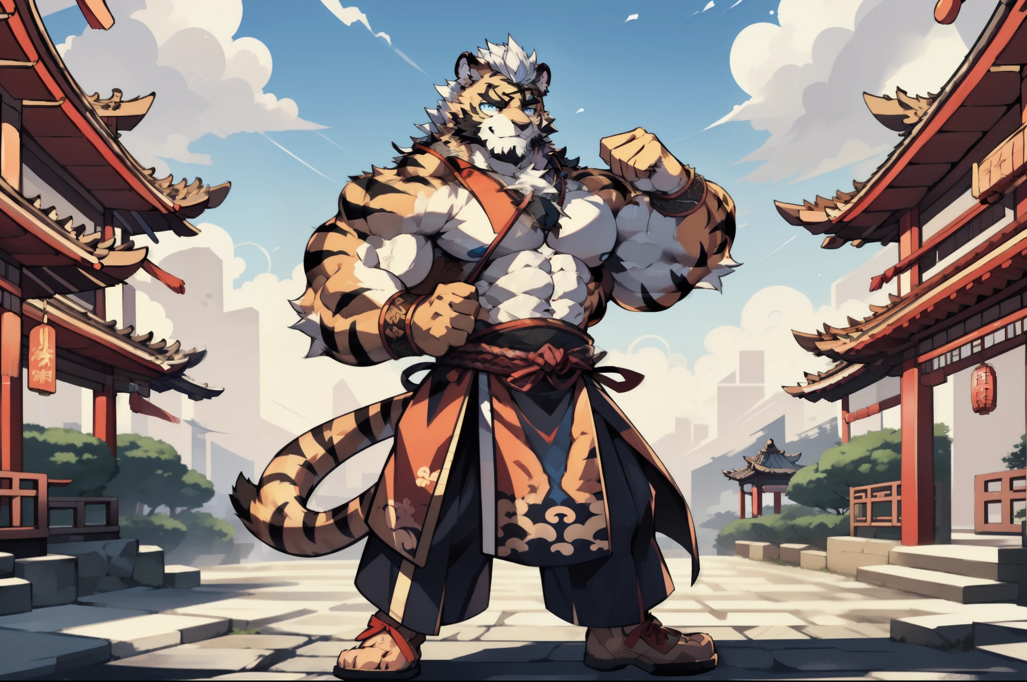 ChenHu, solo, tiger, (light orange fur), blue eyes, (white hair, short hair), (black eye patch, cover one eye, cover right eye), (detailed face, detailed eyes, detailed), mature male, muscular male, masterpiece, best quality,  standing, city, chinese, chinese clothes, standing, hypermuscle