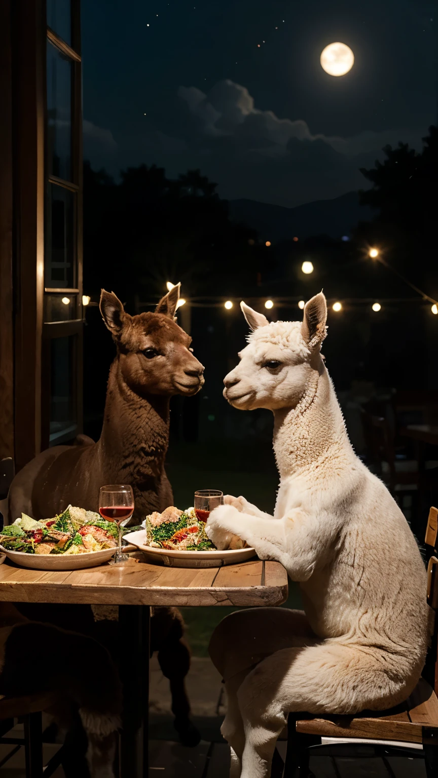 An old couple alpaca animals,Sitting at the table in casual clothes,Enjoying a delicious dinner。Dark khaki male alpaca is tall and handsome,Taller than white female alpaca,Male alpaca height 10cm 。The table is full of plates、tableware、food、Red wine glass and candle。The meal in front of them consisted of rice、chicken、salad and bottle of red wine。Alpacas smiling at each other,Look at each other with love。Night view and beautiful little moon outside the restaurant window。Alpacas are chubby and look particularly cute,fine hair。There is a bottle of red wine on the table。