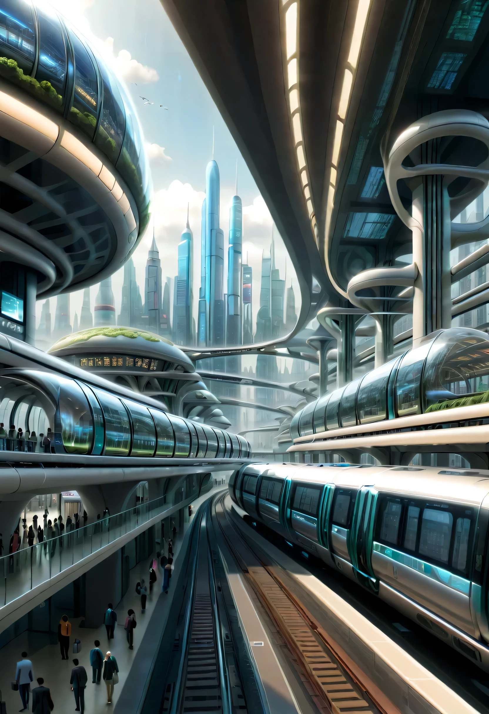 futureの首都に駅を描く,Transparent Tube:multiple:A train is running inside,future都市,terminal station,multipleの鉄道が接続する駅,future,be familiar with