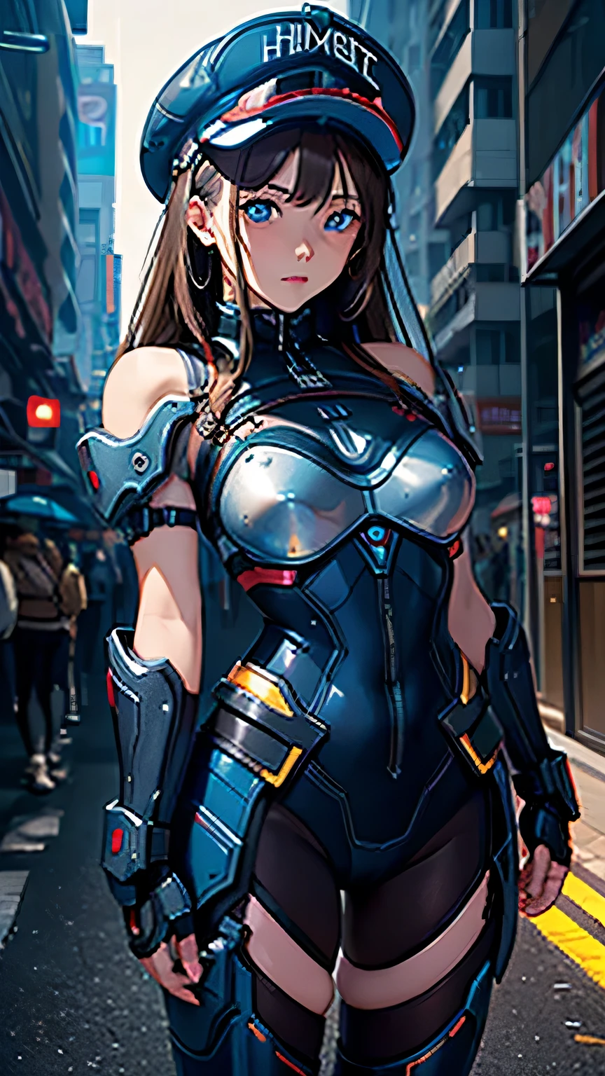 masterpiece,  最high quality, , (alone), 1 girl, look up, dim light, , horizon_(apex legend), goggles, blue eyes, brown hair, gauntlet, shoulder armor,  have, (science_fiction), outdoors, street, neon light, cyber punk, masterpiece, 最high quality, high quality, High resolution,