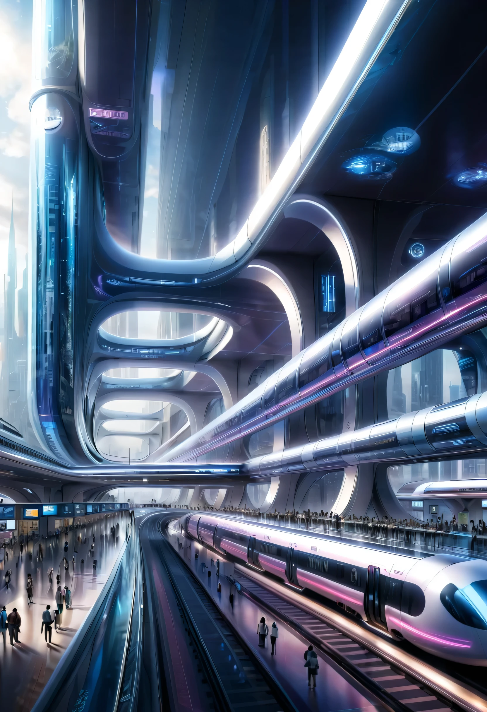 futureの首都に駅を描く,Transparent Tube:multiple:A train is running inside,future都市,terminal station,multipleの鉄道が接続する駅,future,be familiar with