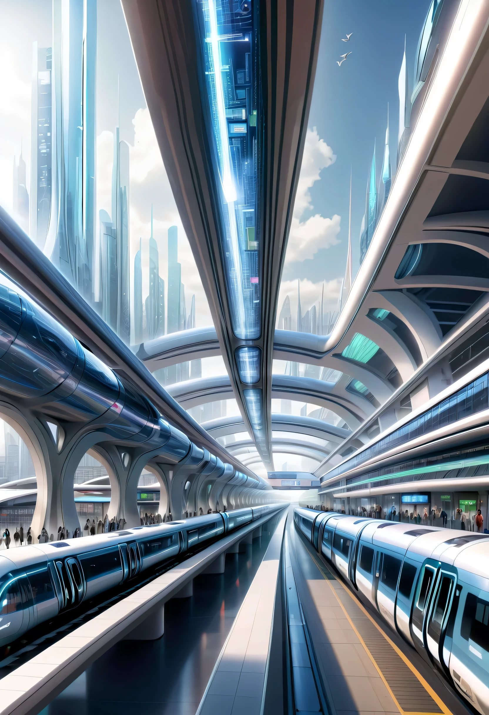 futureの首都に駅を描く,Transparent Tube:multiple:A train is running inside,future都市,terminal station,multipleの鉄道が接続する駅,future,be familiar with