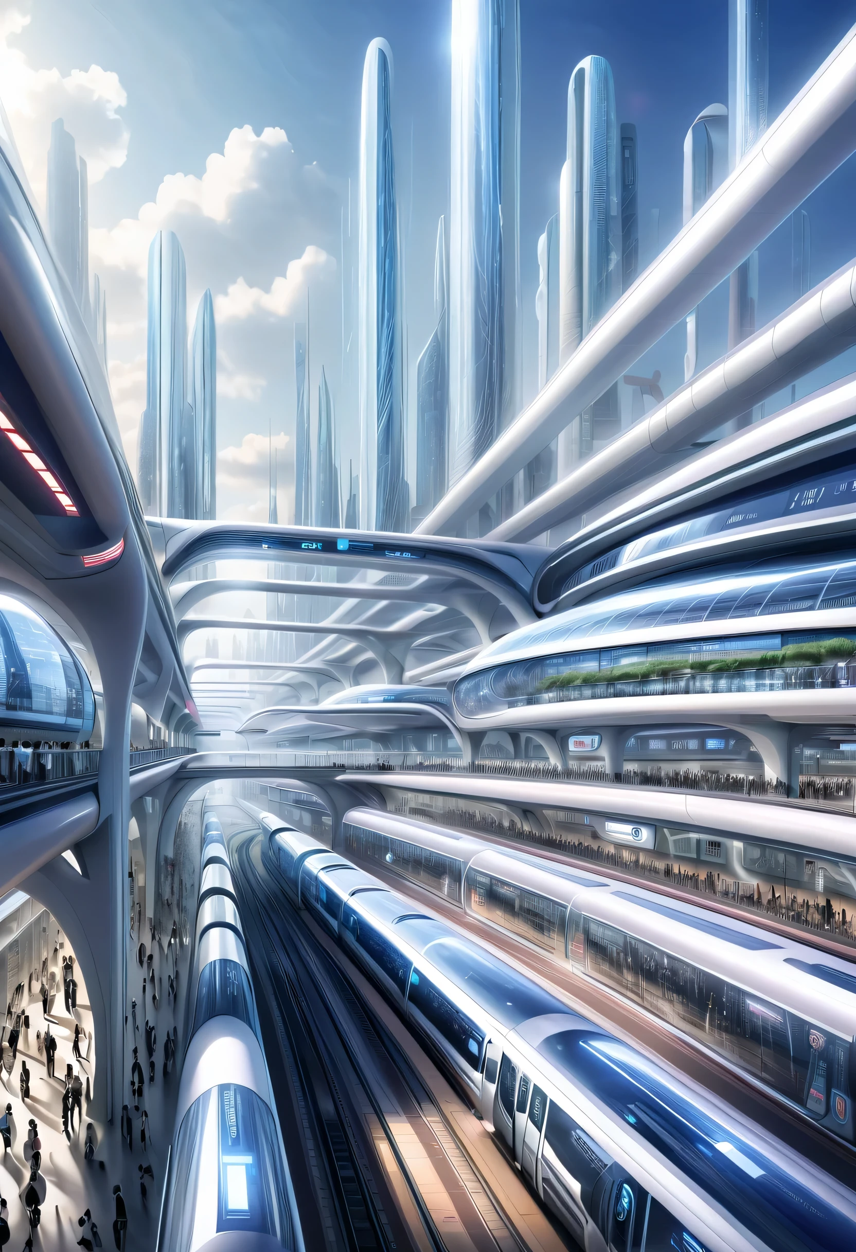 futureの首都に駅を描く,Transparent Tube:multiple:A train is running inside,future都市,terminal station,multipleの鉄道が接続する駅,future,be familiar with
