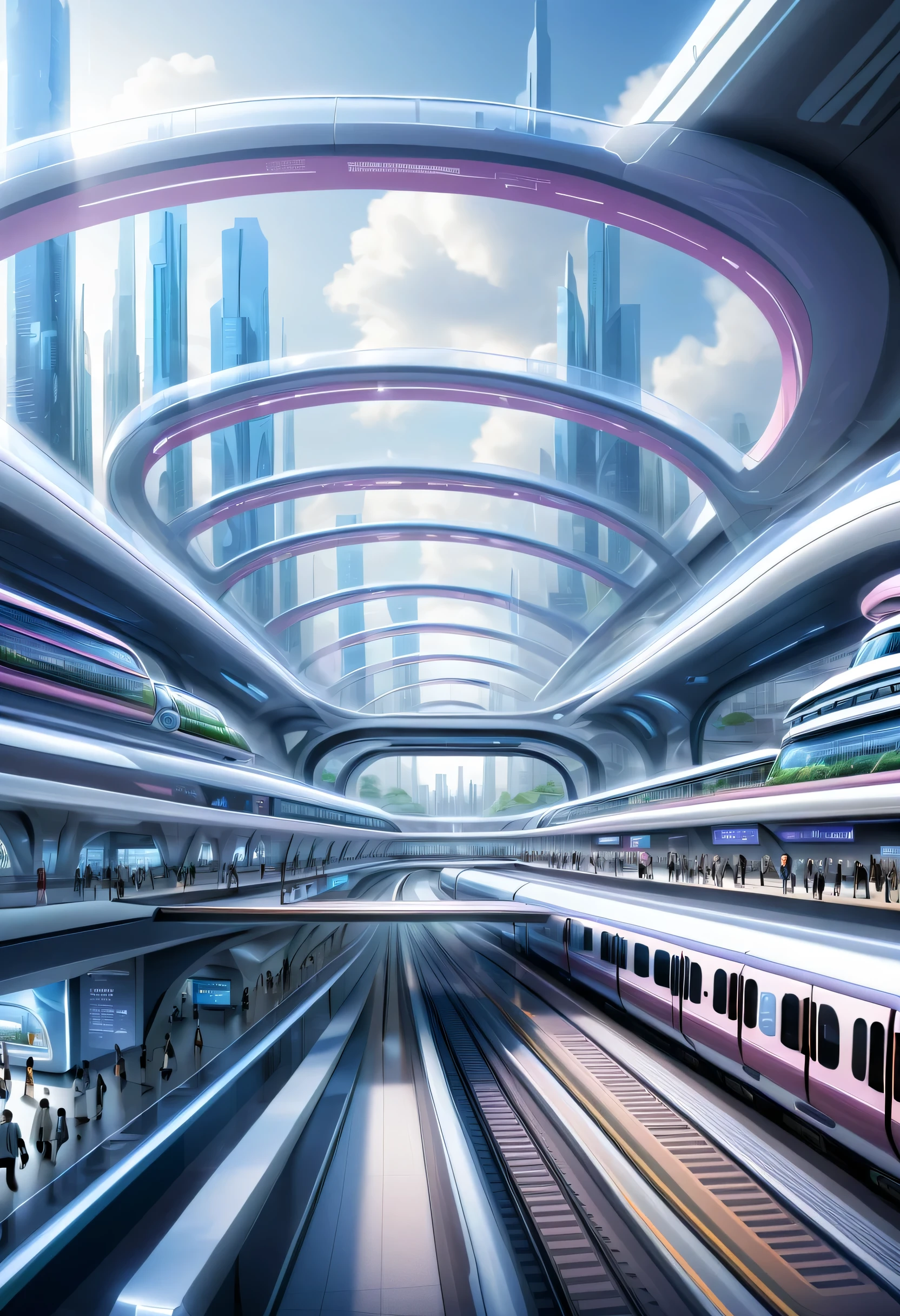 futureの首都に駅を描く,Transparent Tube:multiple:A train is running inside,future都市,terminal station,multipleの鉄道が接続する駅,future,be familiar with