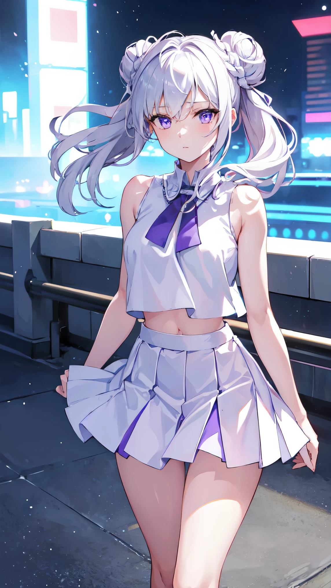 Girl 1, skinny triangle face, perfect body texture,hairstyle messy bun,white hair, beautiful purple eyes, shyness, sleeveless white shirt, skin tight purple skirt, soft skin, black grooves socks,at night,city neon lights ,Very details CG, module, 8K wallpapers, top quality, high precision, beautiful lighting, realistic shade, high precision, detailed skin, very detailed, faces and detailed eyes, realistic eyes, cowboy shot