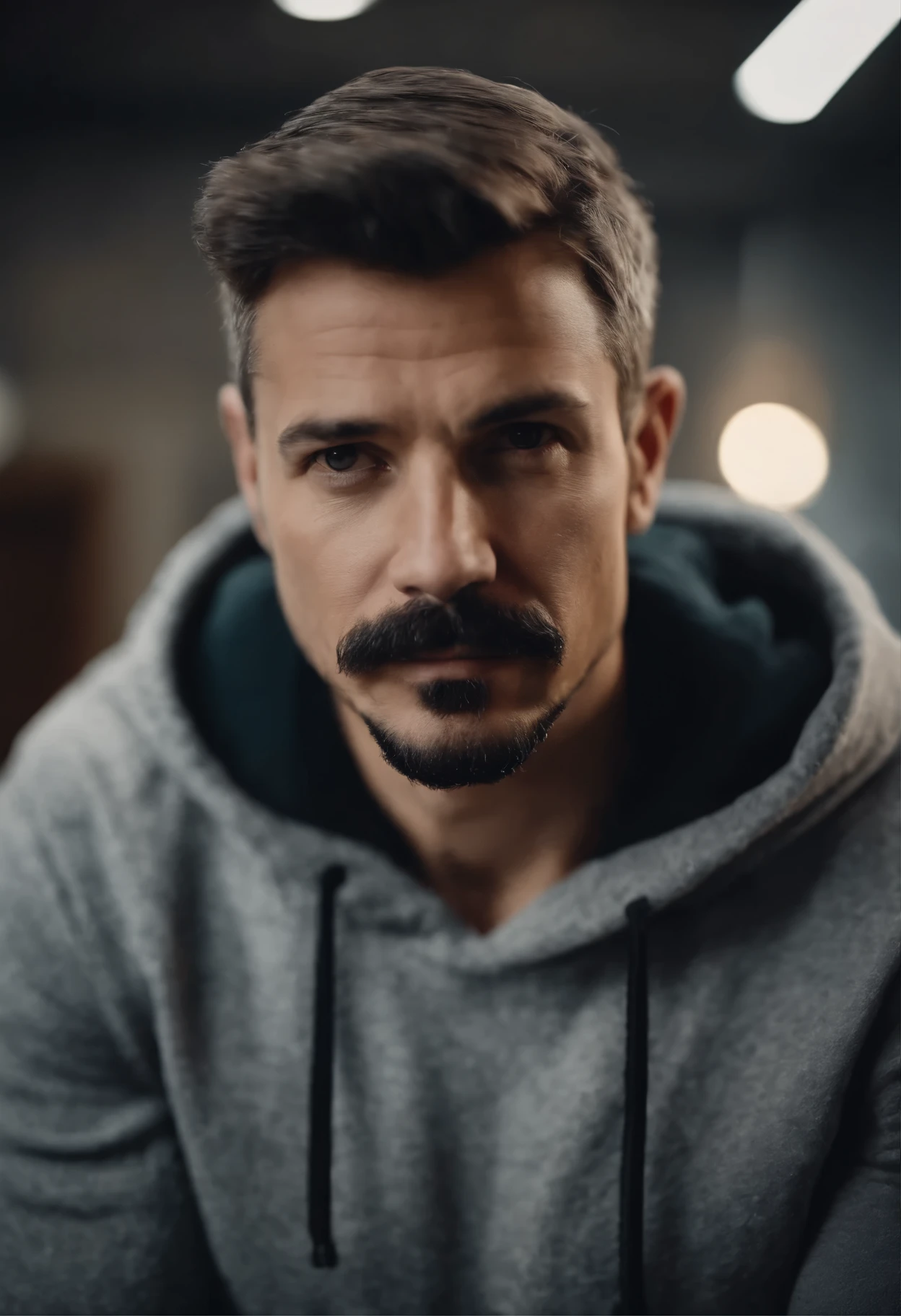 Avatar of a man with gray hoodie with mustache and goatee, short hair with room office background