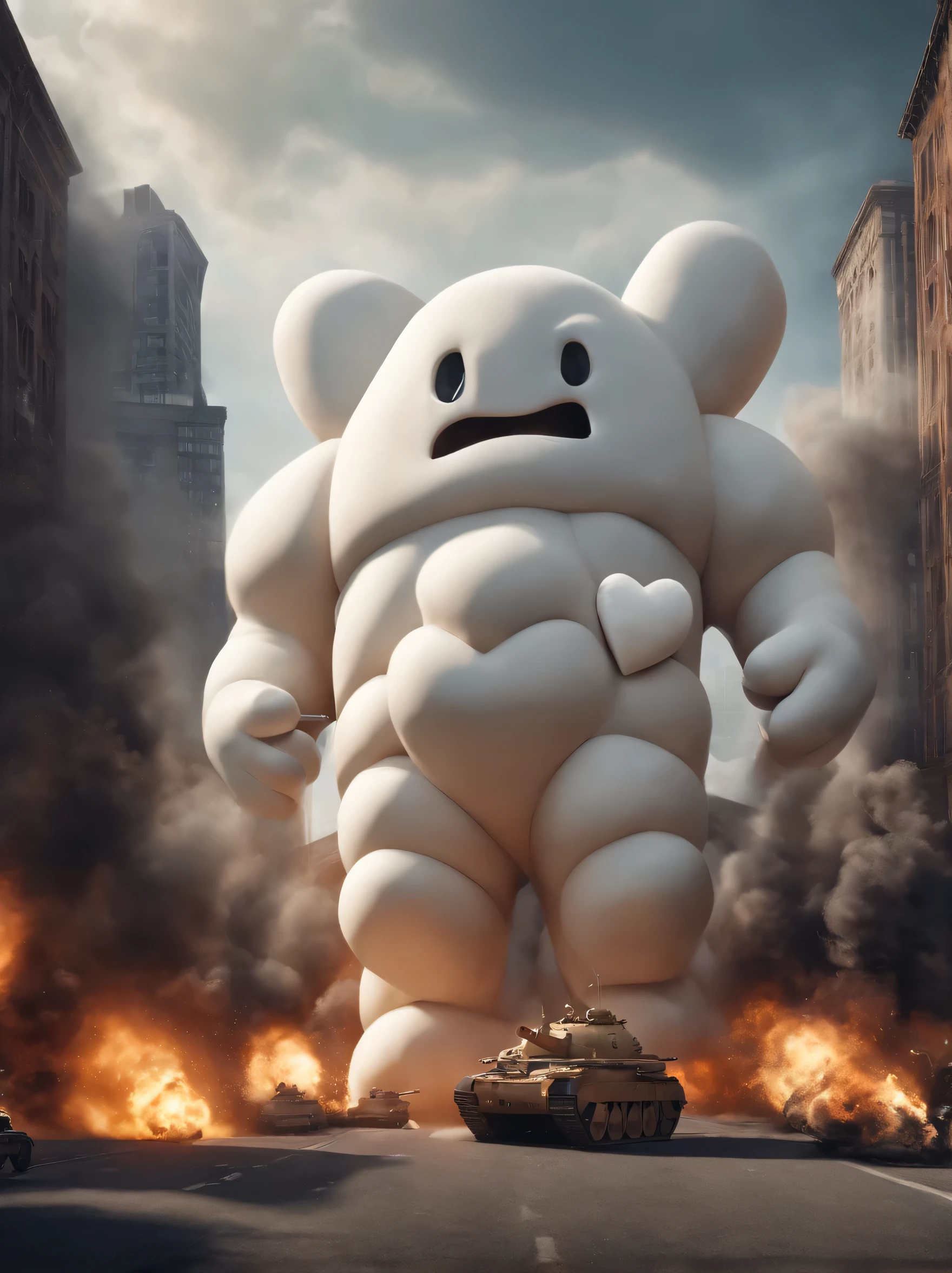 A ferocious monster that turns into a giant heart-shaped marshmallow due to the effects of radiation..、monster'the face is heart shaped., Let the monsters go wild and destroy the city。The head is a heart-shaped white marshmallow.、Marshmallow Body、Candy is growing out of my body、scary face with lots of fangs, I draw a lot of combat tanks and Self-Defense Forces personnel.。explosion, flame and smoke,