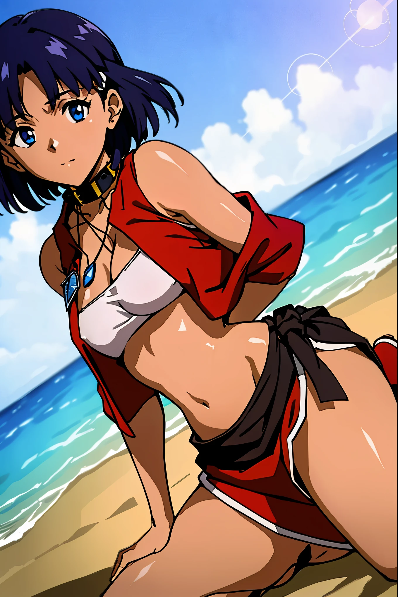 (best quality:1.3),(ultra-detailed:1.5),high resolution,extremely detailed CG,unity 8k wallpaper,official art,detailed,super detailed skin,perfect anatomy,beautiful detailed eyes,(anime screencap:1.1),an extremely delicate and beautiful,90s anime,90s anime style,cel shaded anime,1 girl, ((nadia la arwall:1.52)),(anmnr,evangelion anime style:1.37),((black skin,fine skin,dark purple hair,white bandeau swimsuit,red vest,Gold collar,Necklace with large light blue gemstones:1.52)),full_shot,smile,seaside sandy beach, (shining eyes),highly be familiar with eyes,highly be familiar with eyes,focus of the eye,(Carefully crafted brilliance, sky blue lens flare:1.7),(expression of joy:1.51),octane rendering,rainbow paint drop,Woman made of paint,Full Paint,(movie background),splat,splash,dark and blurry background,close,(best lighting, very delicate and beautiful),Detailed beautiful shine,(soft light:1.2),(Soft Money tone lighting),Warm and soft lighting,dramatic light,((cinematic light)),ambient occlusion,ambient light,violently,powerful,Absolutely eye-catching splashes of color,((caustic)),raytraced reflections,light shines,waiting for happiness to begin,dutch angle,