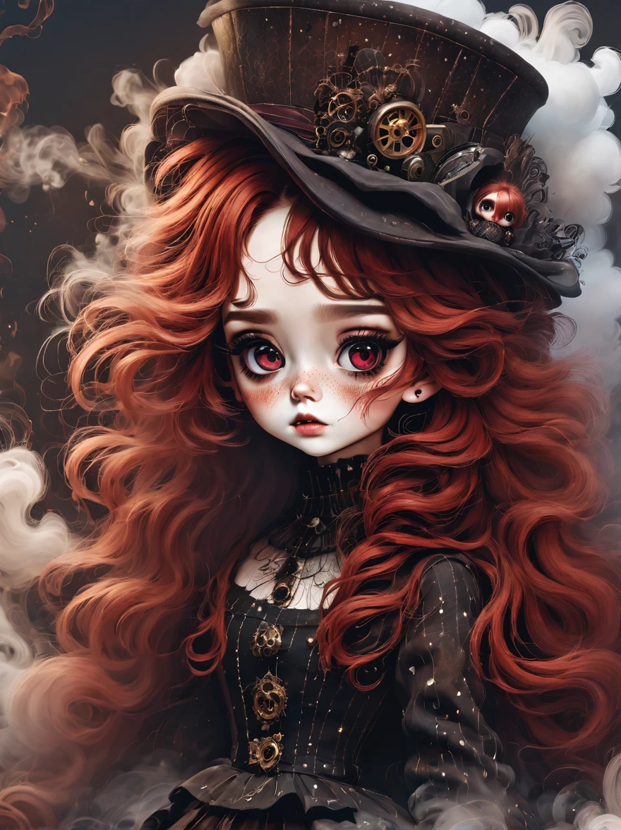 （Best quality，Masterpiece：1.2，detailed information），（Strange girl doll,Big eyes，small freckles， fluffy red hair），（dark Gothic，Gothic Victorian steampunk style）, dark, swallowed by smoke
