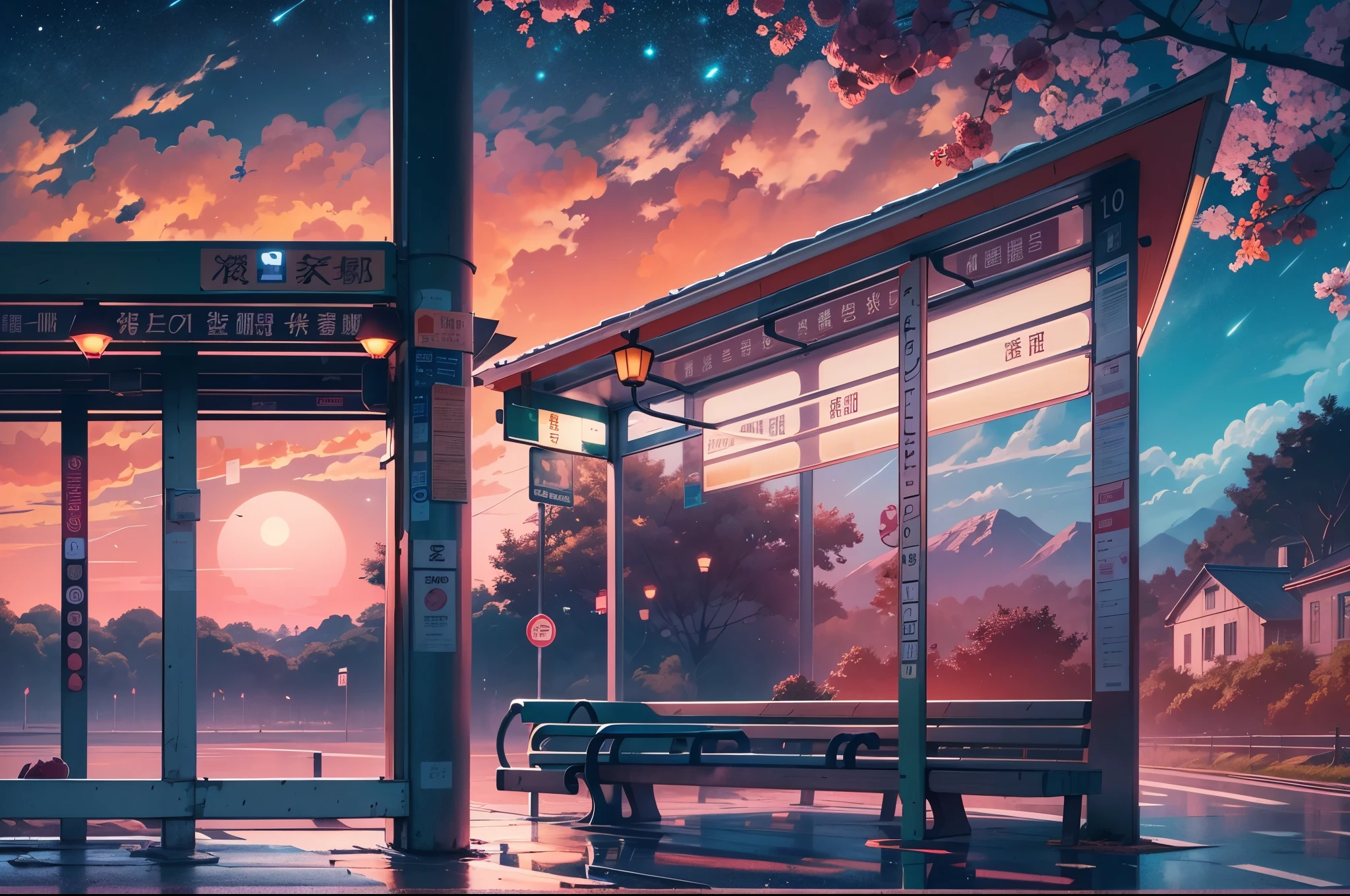 bus stop， bright starry sky.，high saturation，Bright colors， Xin Haicheng&#39;s pictures, pure, concept art, Lofi Art style, reflection. author：Xin Haicheng, Lofi Art, Beautiful anime scene, anime scenery, Detailed Landscape—Width 672, Xin Haicheng&#39;s style, Xin Haicheng的風格, Enhance details.