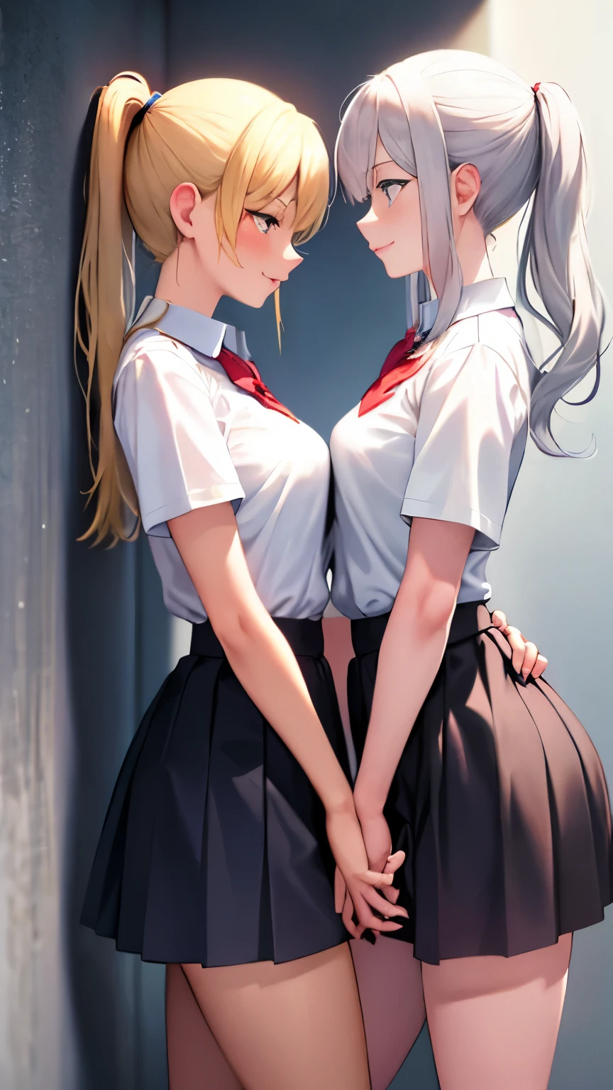 masterpiece, top quality, NSFW, 18+, 2 young girls in school uniforms, innocent yet curious, body movements revealing a hint of maturity,
((girl one, blonde hair in a ponytail, pinned against the wall with her arms above her head)), eyes wide with excitement,
((girl two, silver hair, holding girl one's waist with one hand)), lips parted in a seductive smile,(( lifting her skirt with the other hand)), both girls looking deeply into each other's eyes,
high resolution, realistically rendered textures, warm lighting casting shadows on their faces, a softly blurred background, the smell of adolescence in the air.