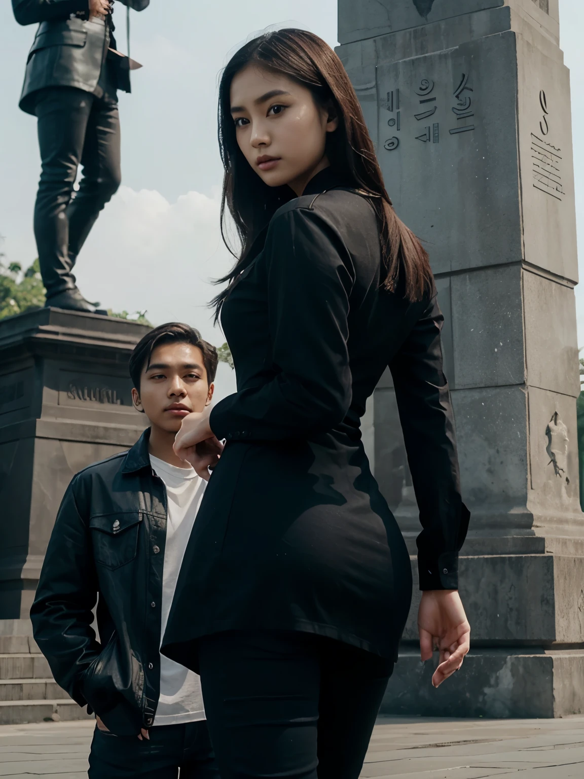 a man and a woman standing next to each other at a national monument in indonesia, an image, inspired by Adam Dario Keel, which is trending in the cg community, beautiful young Korean woman dressed in black party dress, jeans, movie screencap, model elisajes from acquamodels