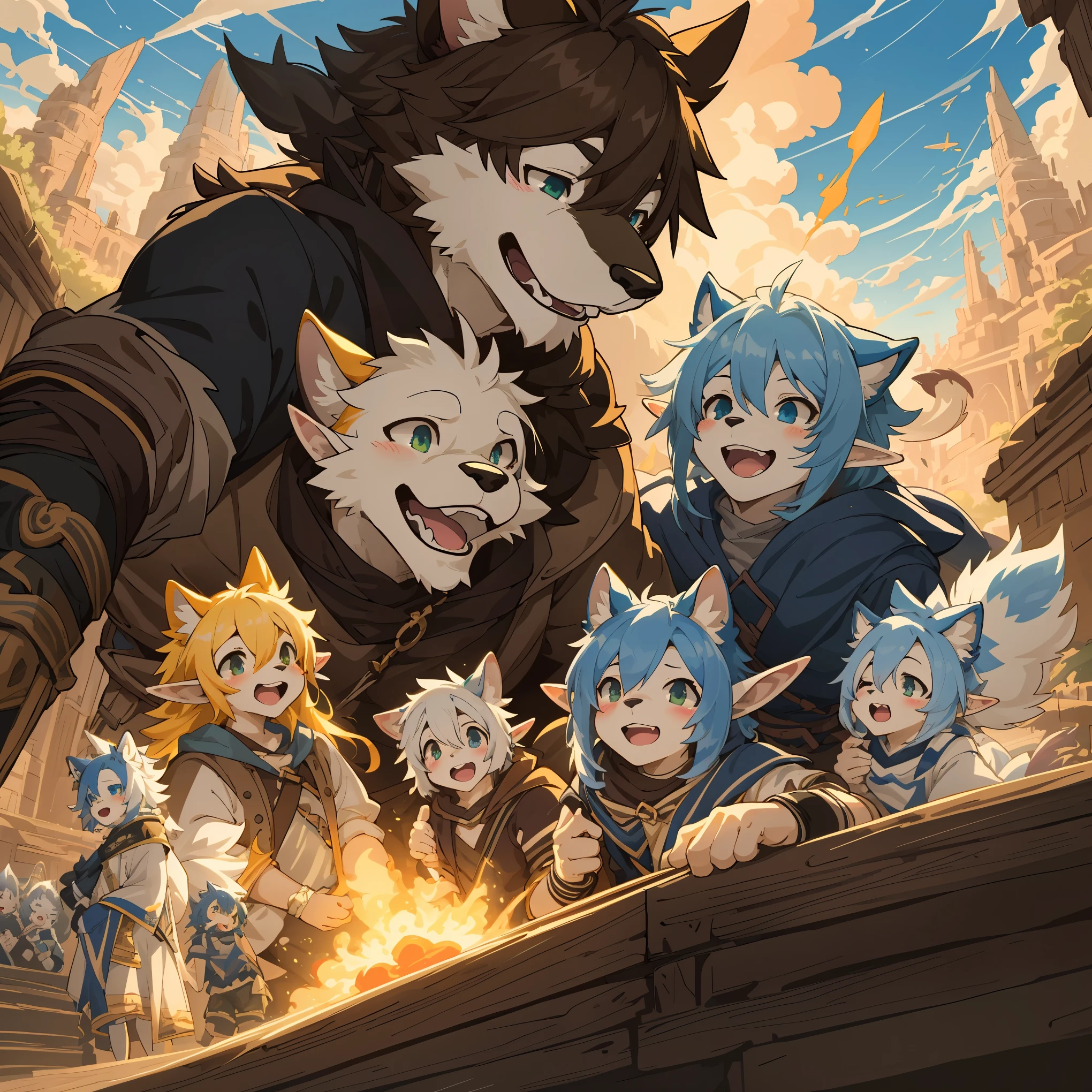 cover_page, highres, top quality, best quality, paid reward available, High-quality illustrations, unparalleled masterpiece, perfect artwork, absurdres, super high resolution, detailed background, elf punk, Beautiful World Heritage, 6+boys, 6+girls, Happy, joyful(Photo of family trip)(kemono, furry anthro)cinematic lighting, dynamic angle,
