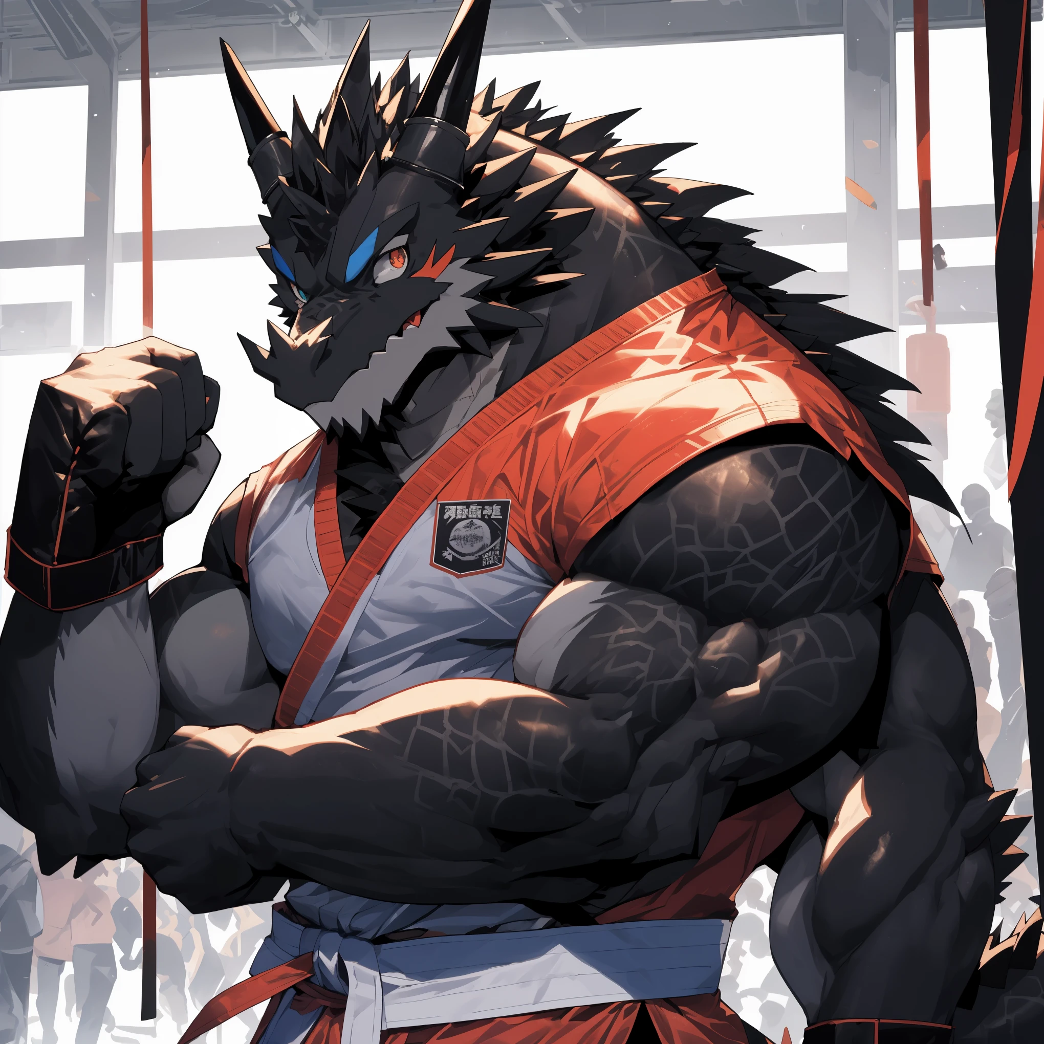 disney,anime character with Black dragon , Black dragon_beast, Firmware version, high resolution committee, ((Black dragon)), only, muscular!, anthropomorphic dragon, Black,Black!,Black!!muscular character, dragon, super detailed!!, beefy, black all over, 全身Very rich in details,(32k),(black all over:1.2),(The two eyes are not the same color,different color:1.8),HD,(Wearing Taekwondo uniform:1.5),alone,(express contempt:1.3),hope,(One eye is blue,The other eye is golden:1.8),(A pair of eyes with different pupil colors:1.5),(Serious:1.6),(boxing gym:1.5),(Look at you head-on:1.5),(Close-up of the bust:1.3),((Blackfur)),(Very rich in details:1.3),(strike a mighty pose:1.2),(forehead band:1.2)
