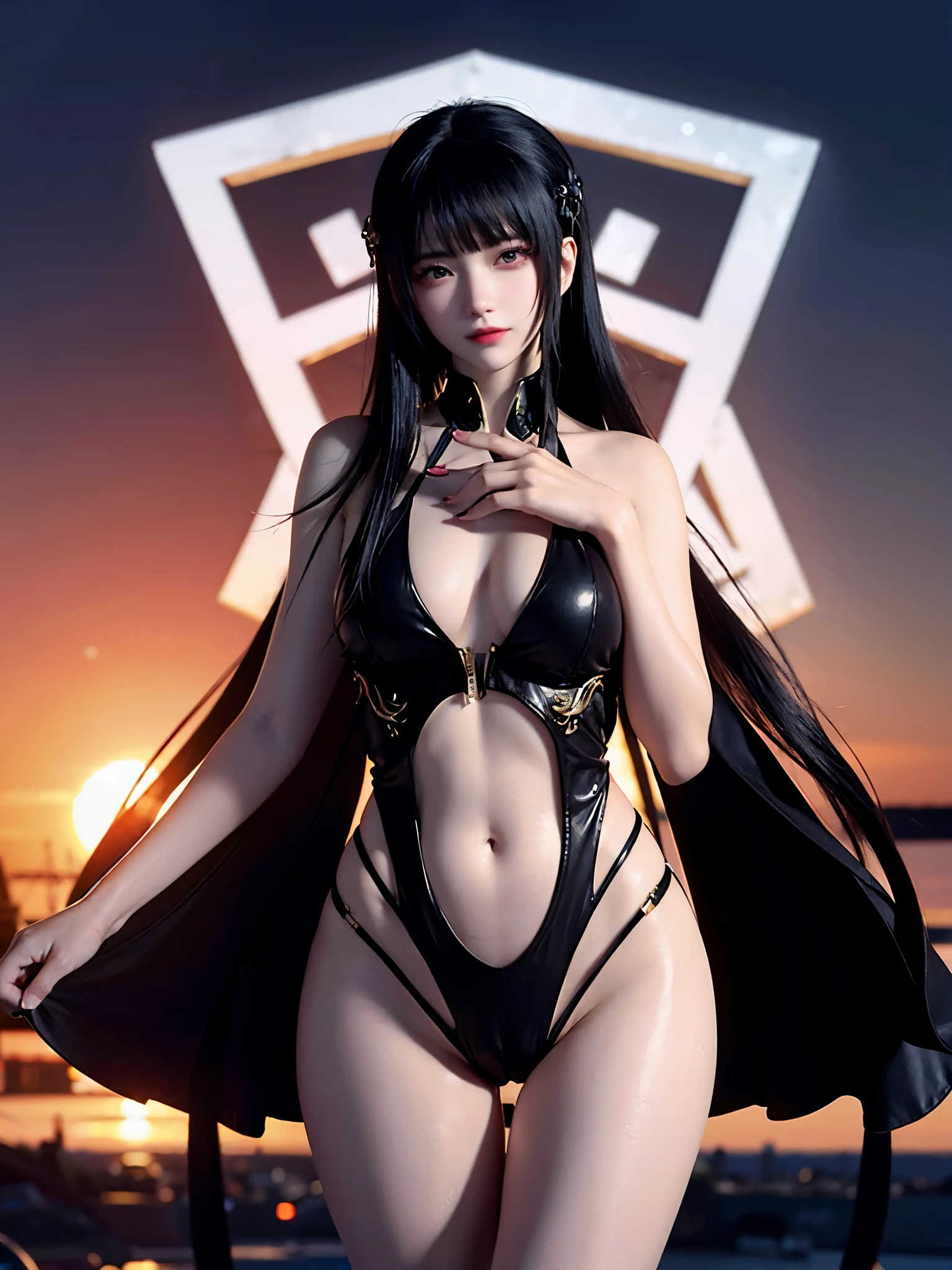 In the heart of a decadent and futuristic urban area, where the sunset paints the sky with red clouds at 6 p.m., stands a solitary figure of an anime girl. With her long, crossed bangs and asymmetrical bob cut, she boasts beautiful, platinum blonde hair that shines under the natural light and professional lighting, revealing each intricate detail and high resolution strand. Her intense red eyes, adorned with strong eye highlights, reflect the fleeting light, making them appear mystical and alluring.
Her sleeveless black jacket reveals the perfect anatomy of her high detail skin, as well as the fancy underwear and detailed panties she we