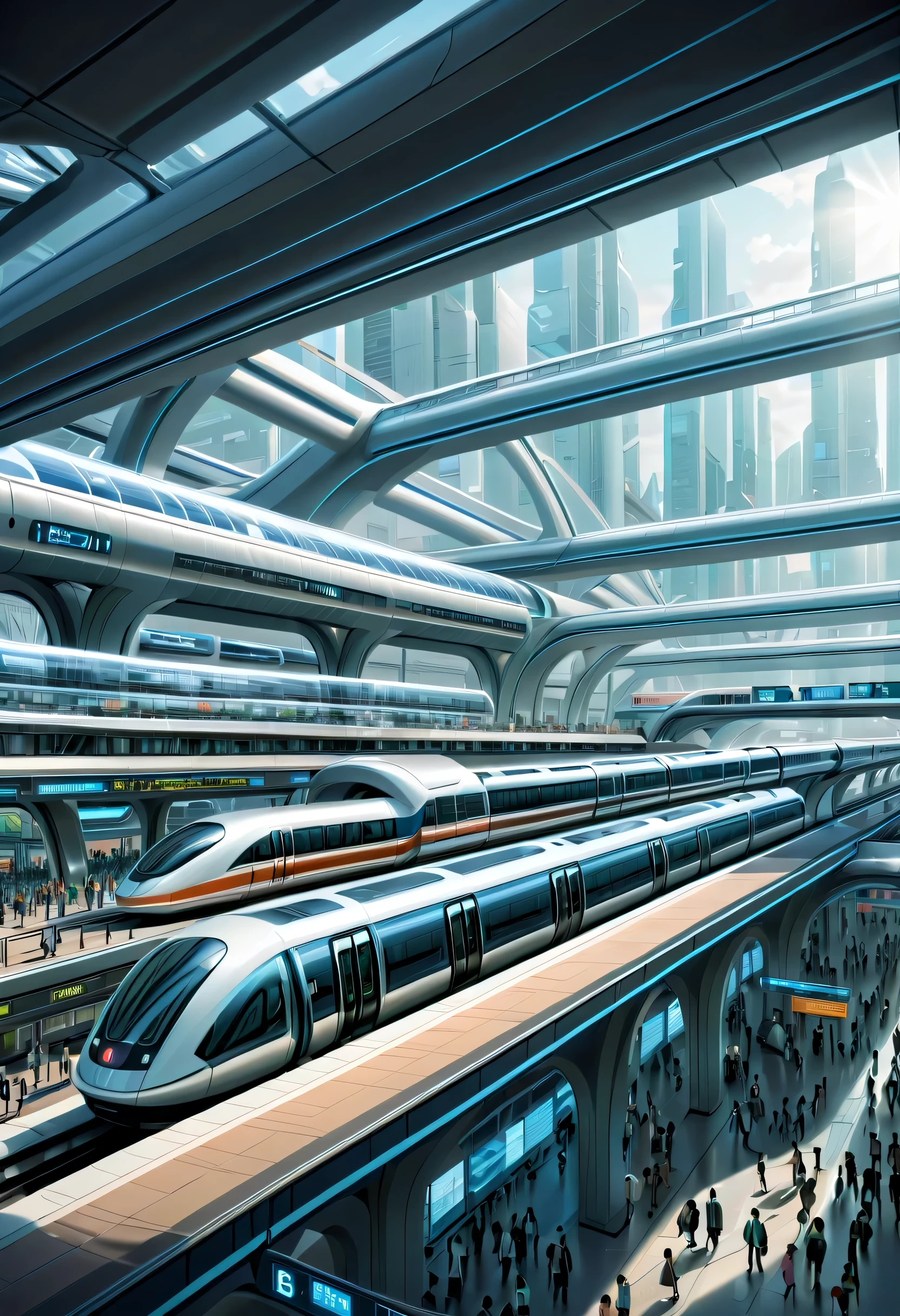 futureの首都に駅を描く,Transparent Tube:multiple:A train is running inside,future都市,terminal station,multipleの鉄道が接続する駅,future,be familiar with